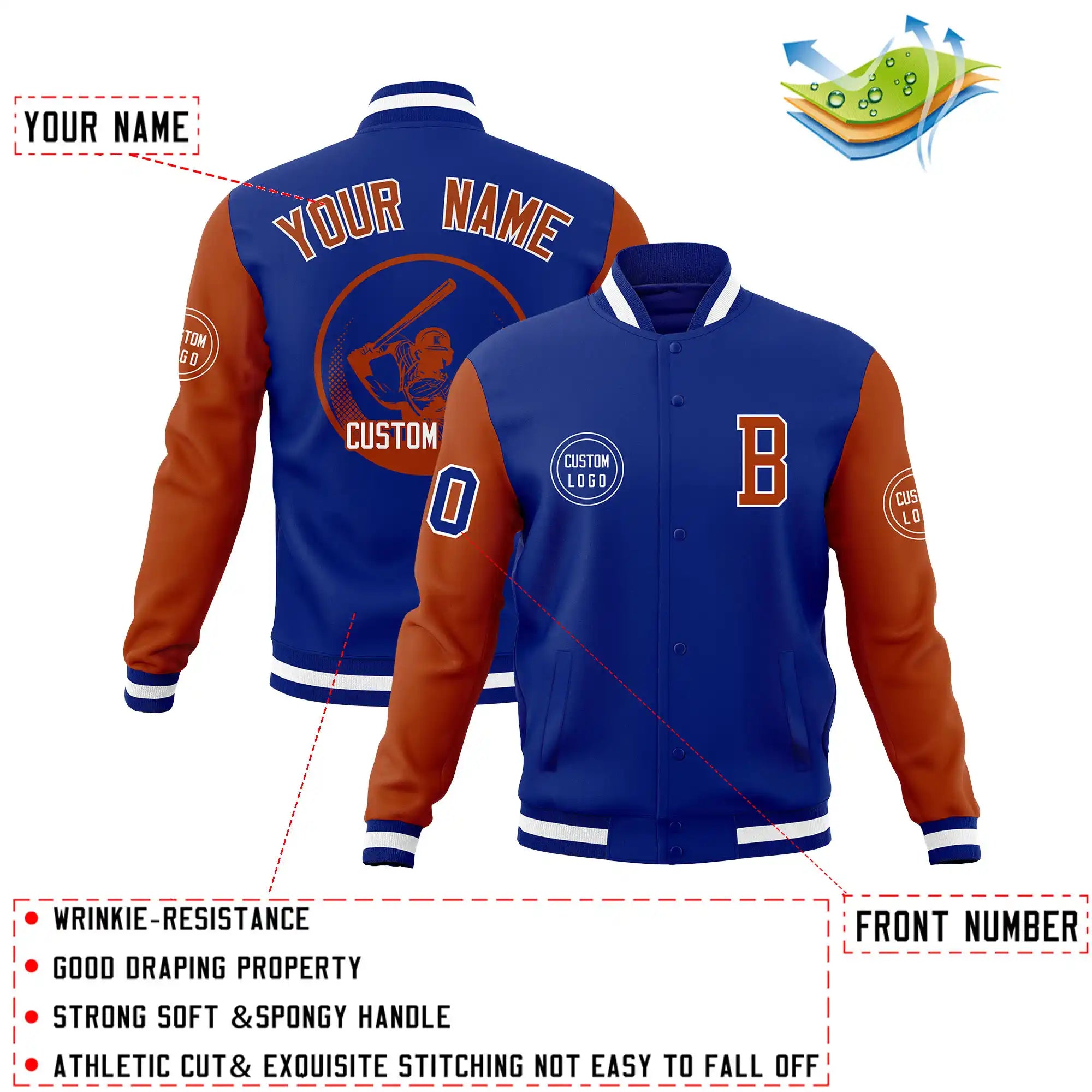 Custom Royal Blue Orange Bomber Full-Snap Varsity Letterman Two Tone Jacket