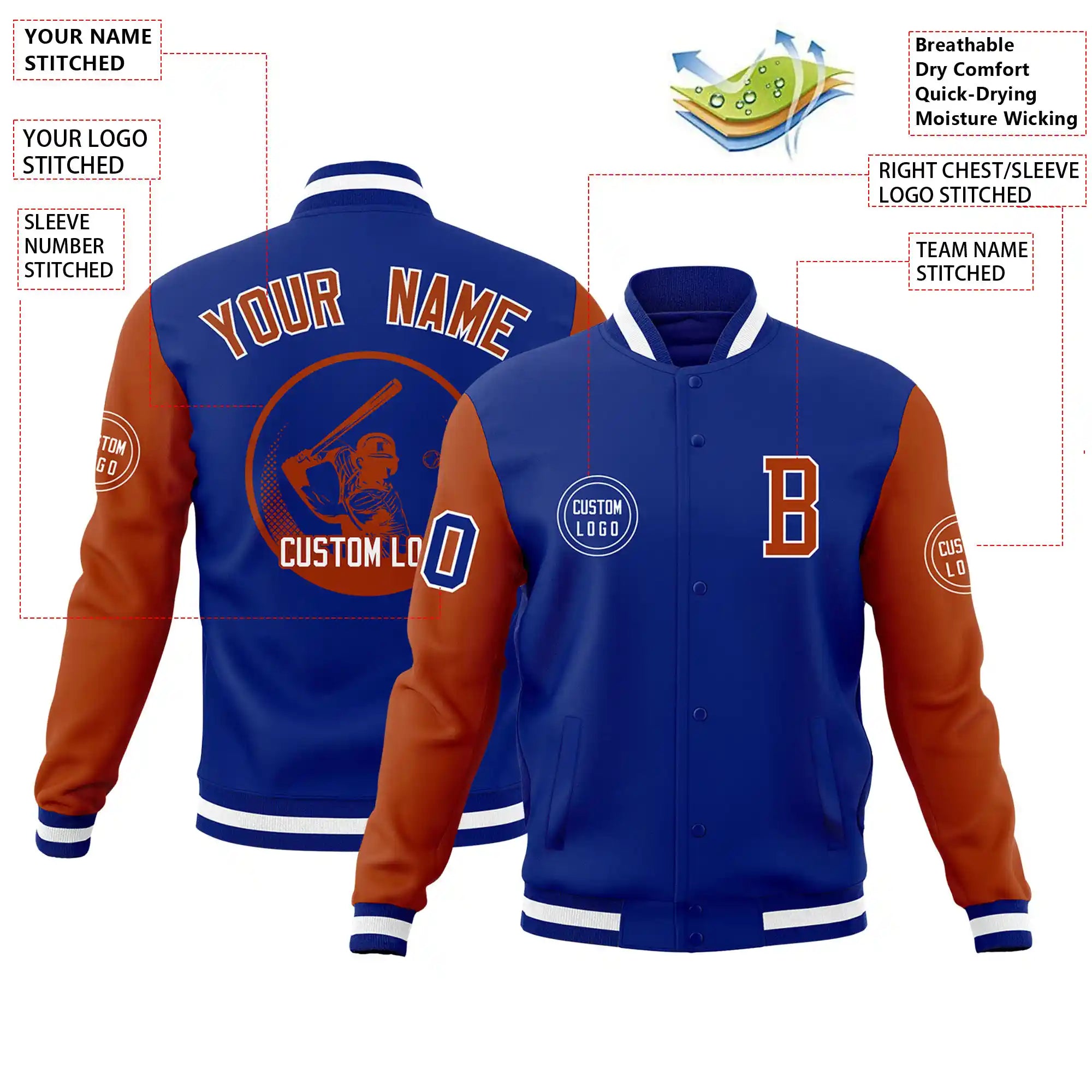 Custom Royal Blue Orange Bomber Full-Snap Varsity Letterman Two Tone Jacket