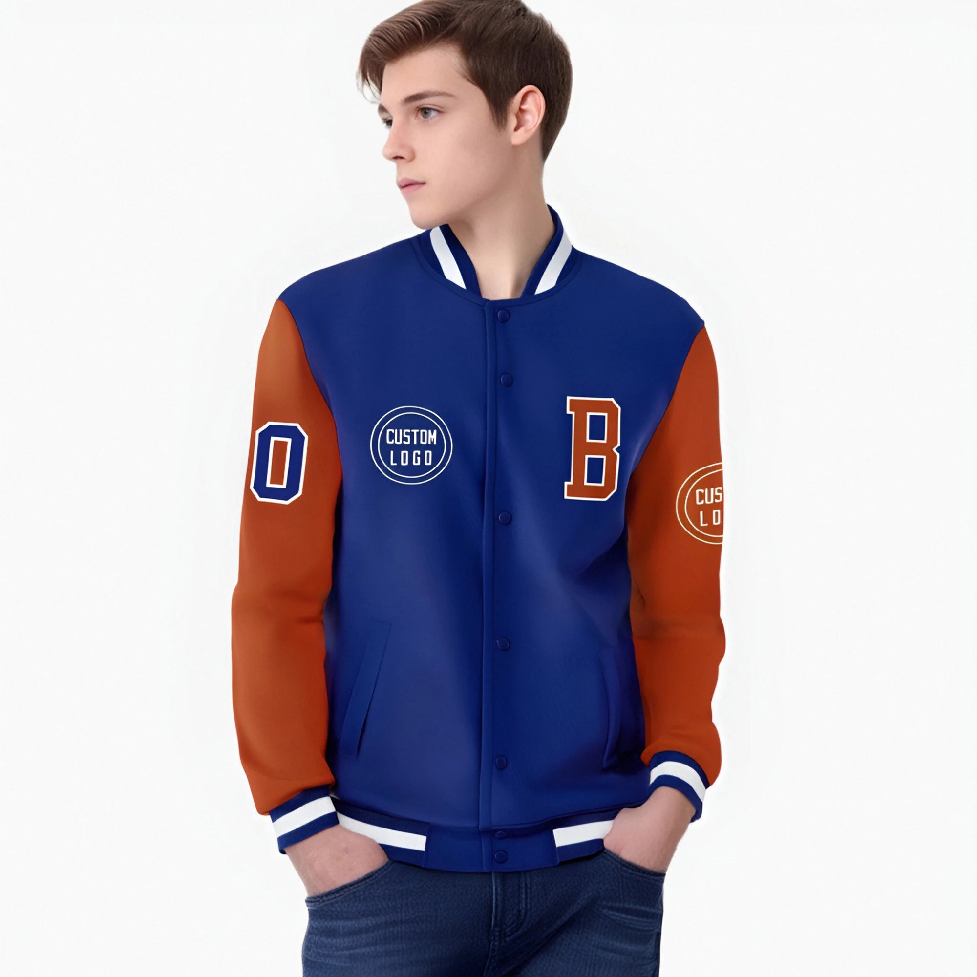 Custom Royal Blue Orange Bomber Full-Snap Varsity Letterman Two Tone Jacket