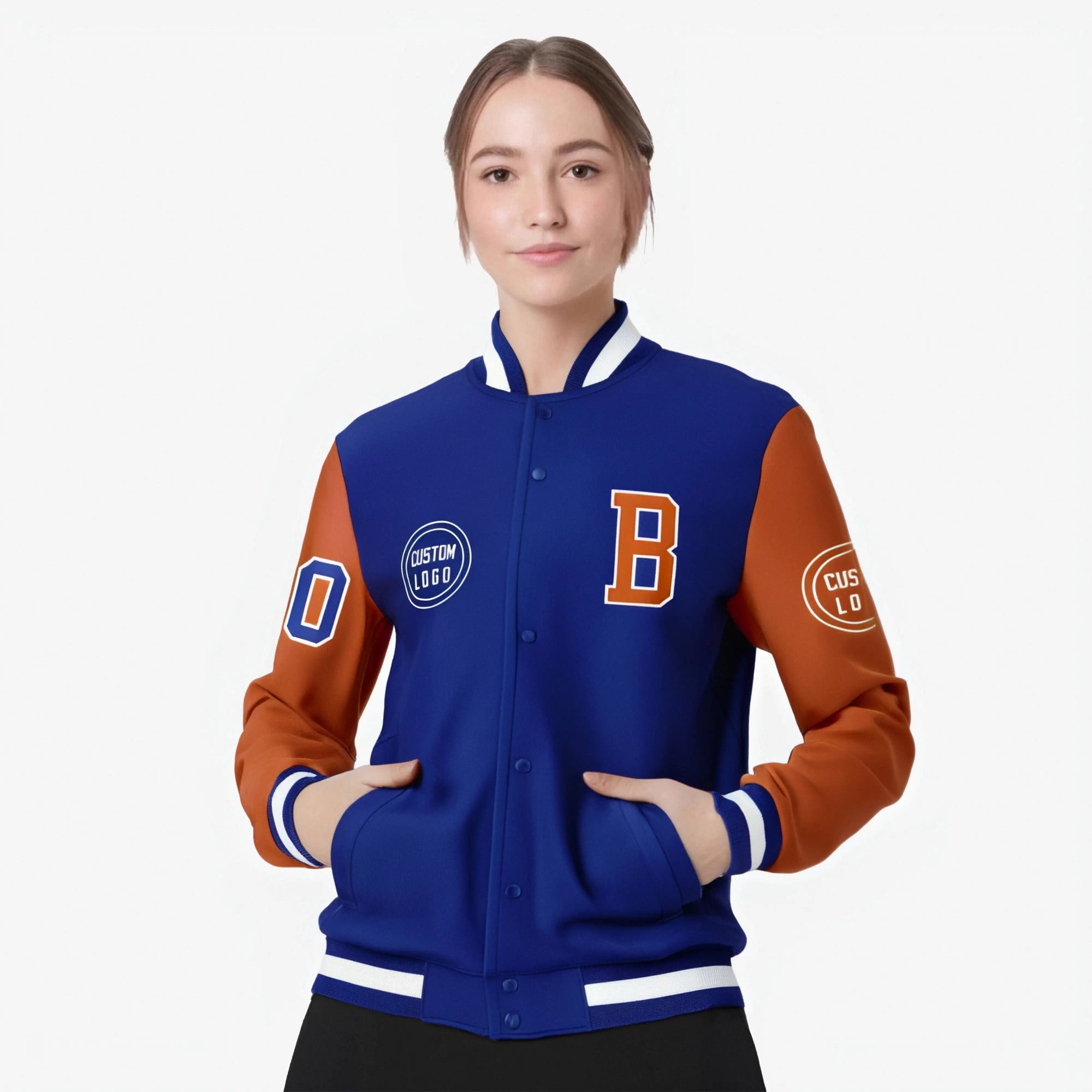 Custom Royal Blue Orange Bomber Full-Snap Varsity Letterman Two Tone Jacket