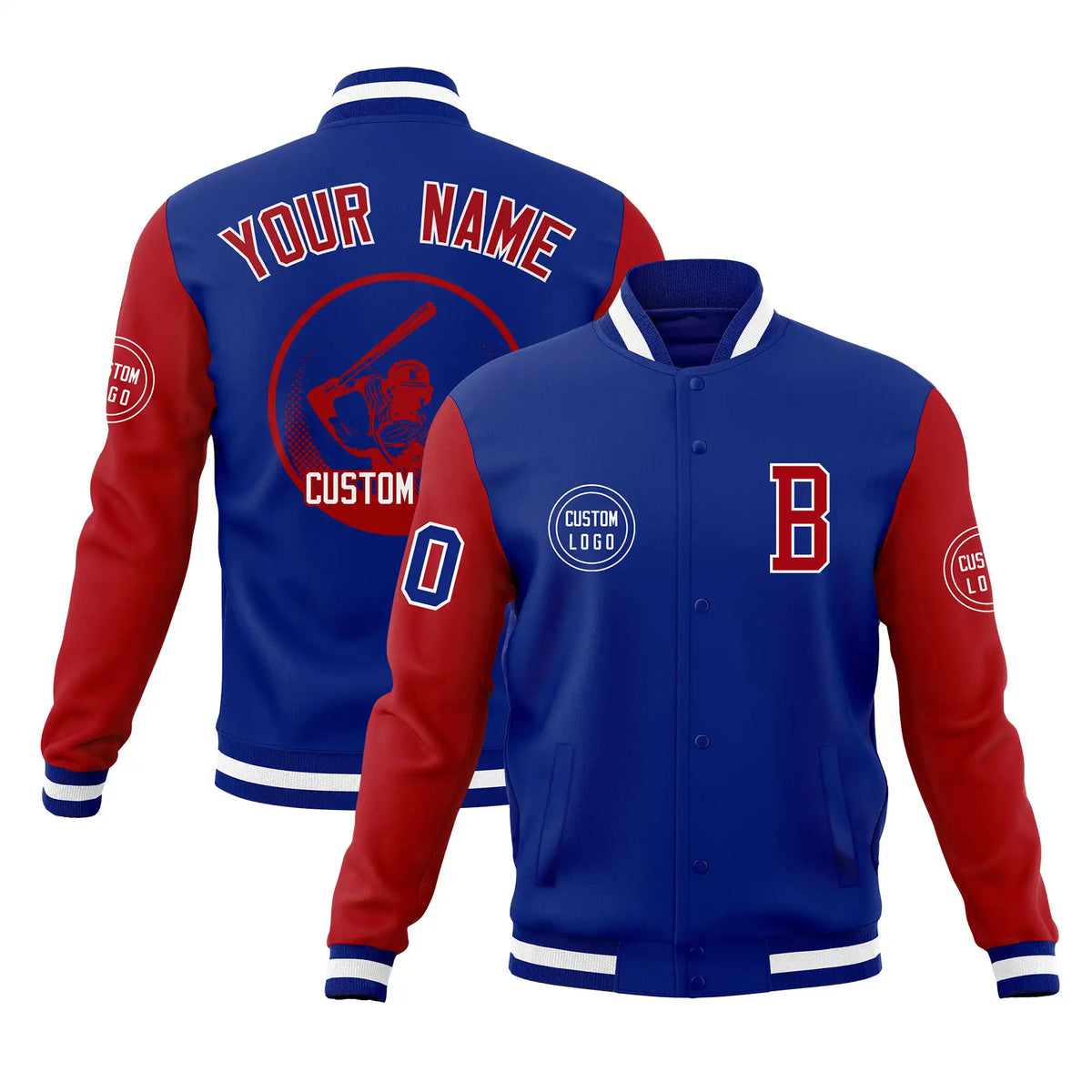 Custom Royal Blue Red Bomber Full-Snap Varsity Letterman Two Tone Jacket