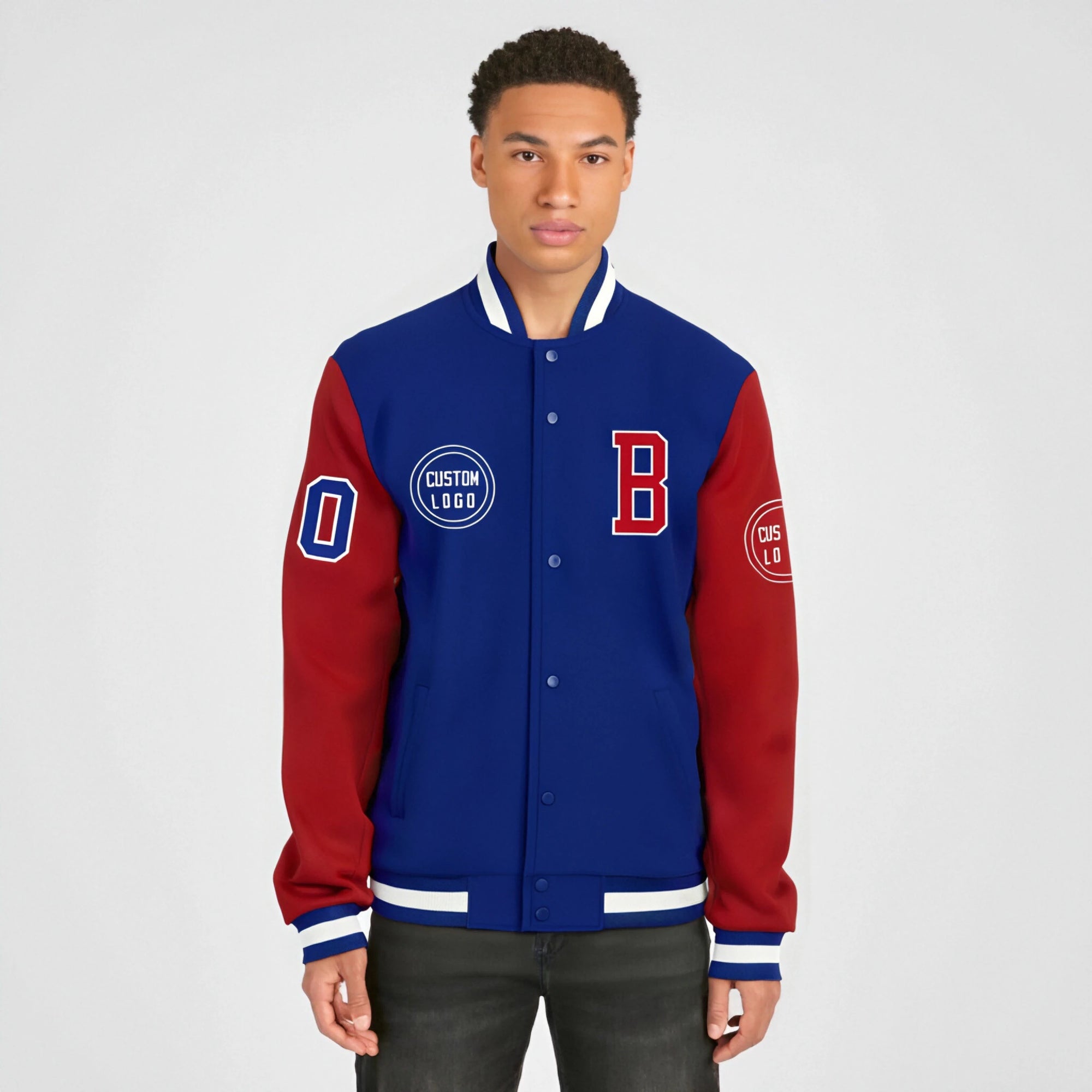 Custom Royal Blue Red Bomber Full-Snap Varsity Letterman Two Tone Jacket