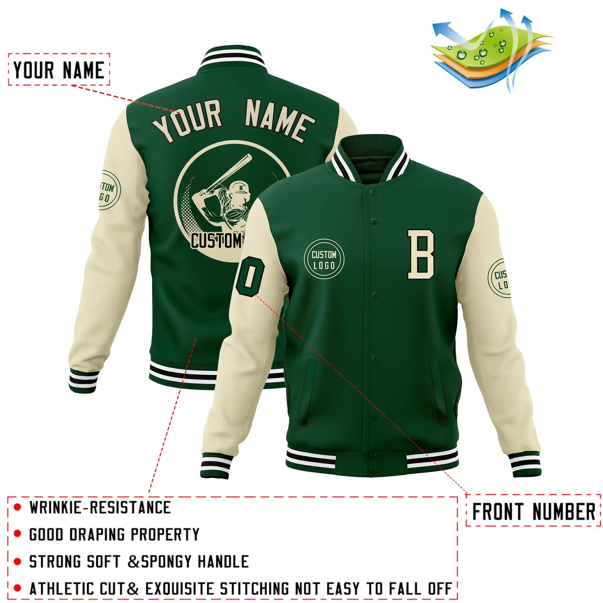 Custom Green Cream Bomber Full-Snap Varsity Letterman Two Tone Jacket