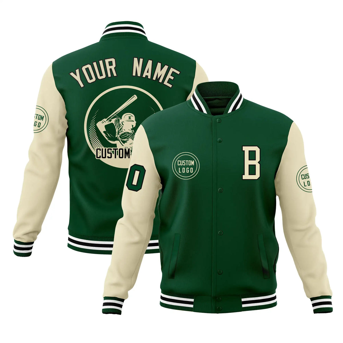 Custom Green Cream Bomber Full-Snap Varsity Letterman Two Tone Jacket