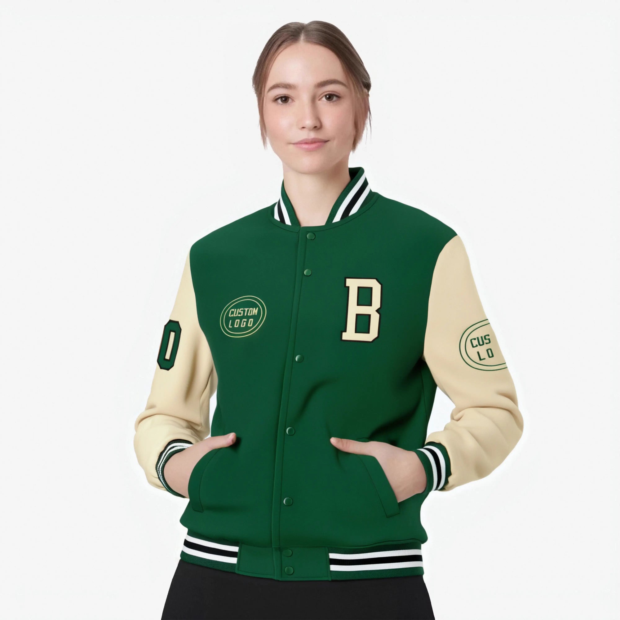 Custom Green Cream Bomber Full-Snap Varsity Letterman Two Tone Jacket