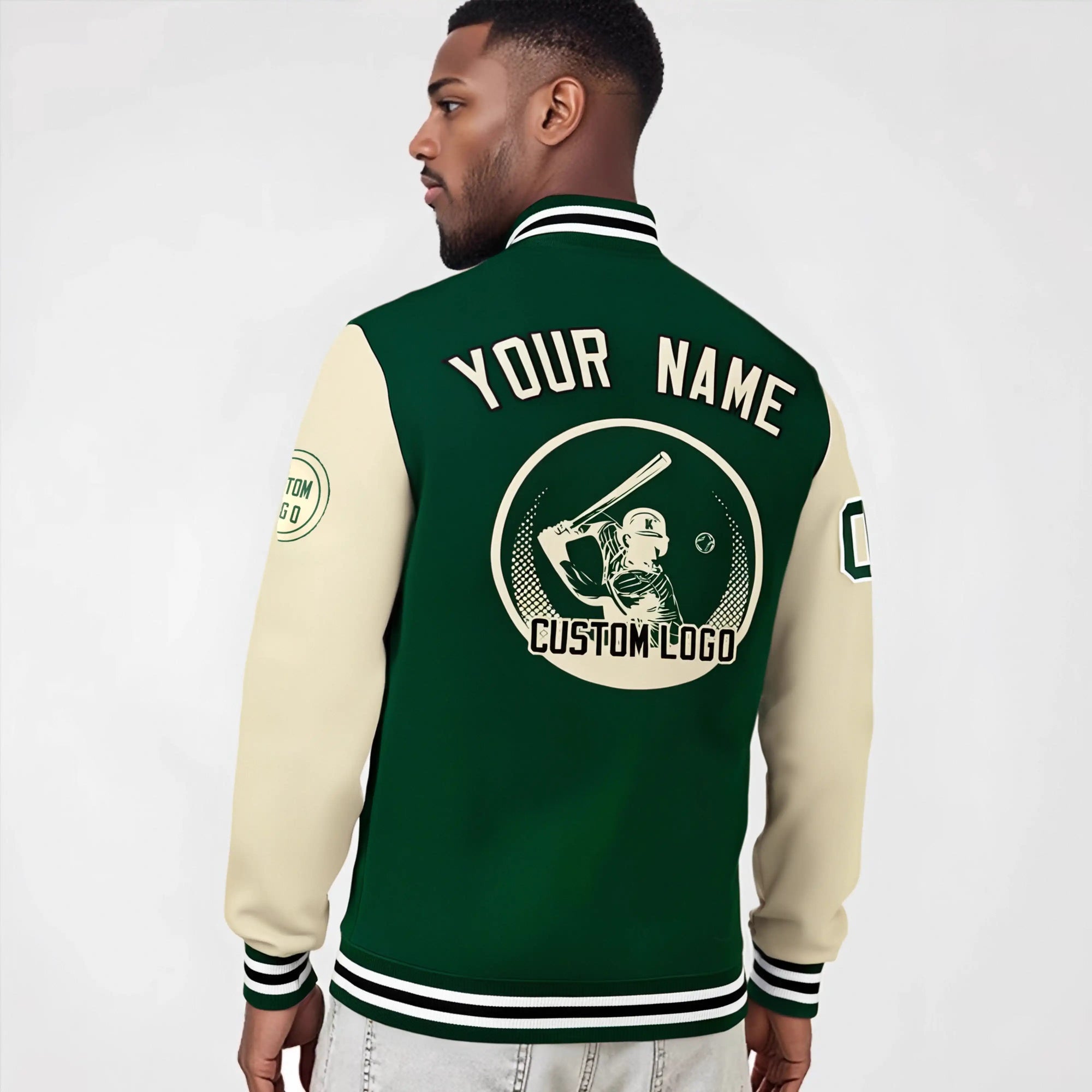 Custom Green Cream Bomber Full-Snap Varsity Letterman Two Tone Jacket