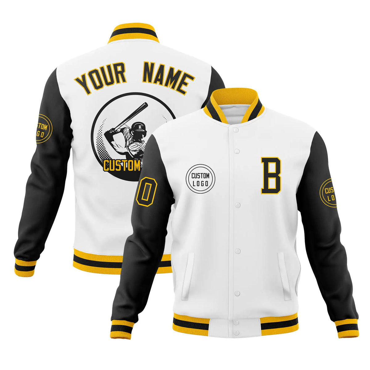 Custom White Black Bomber Full-Snap Varsity Letterman Two Tone Jacket