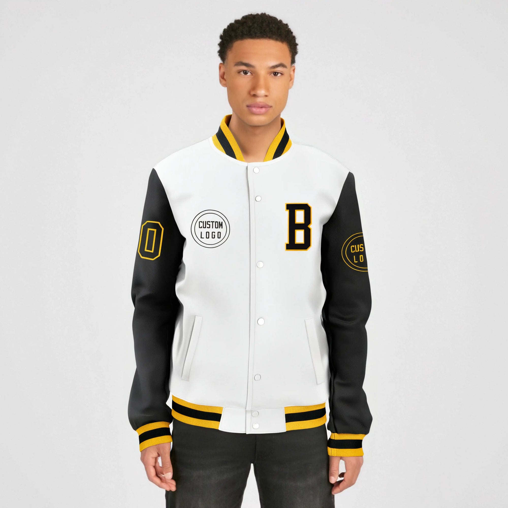 Custom White Black Bomber Full-Snap Varsity Letterman Two Tone Jacket