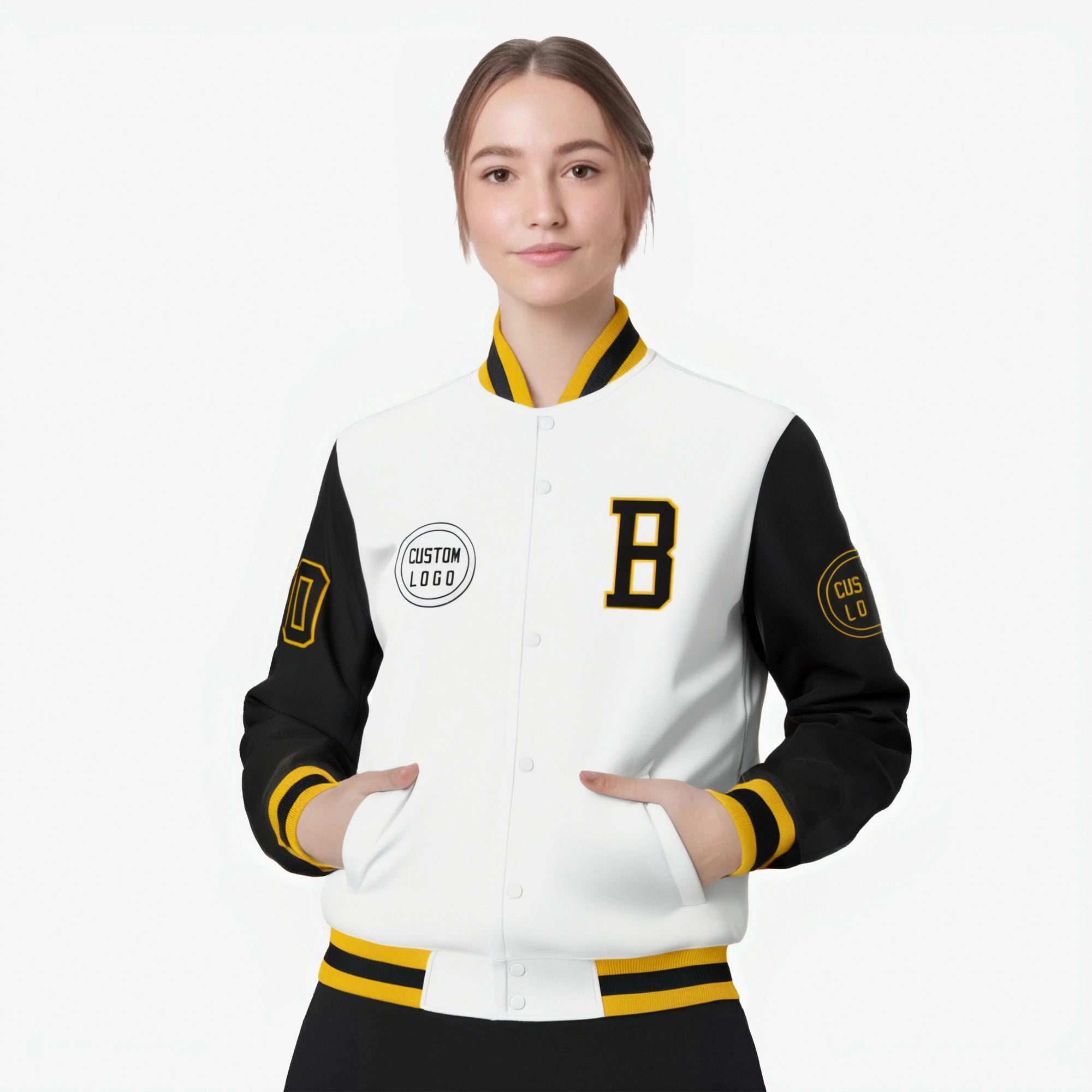 Custom White Black Bomber Full-Snap Varsity Letterman Two Tone Jacket