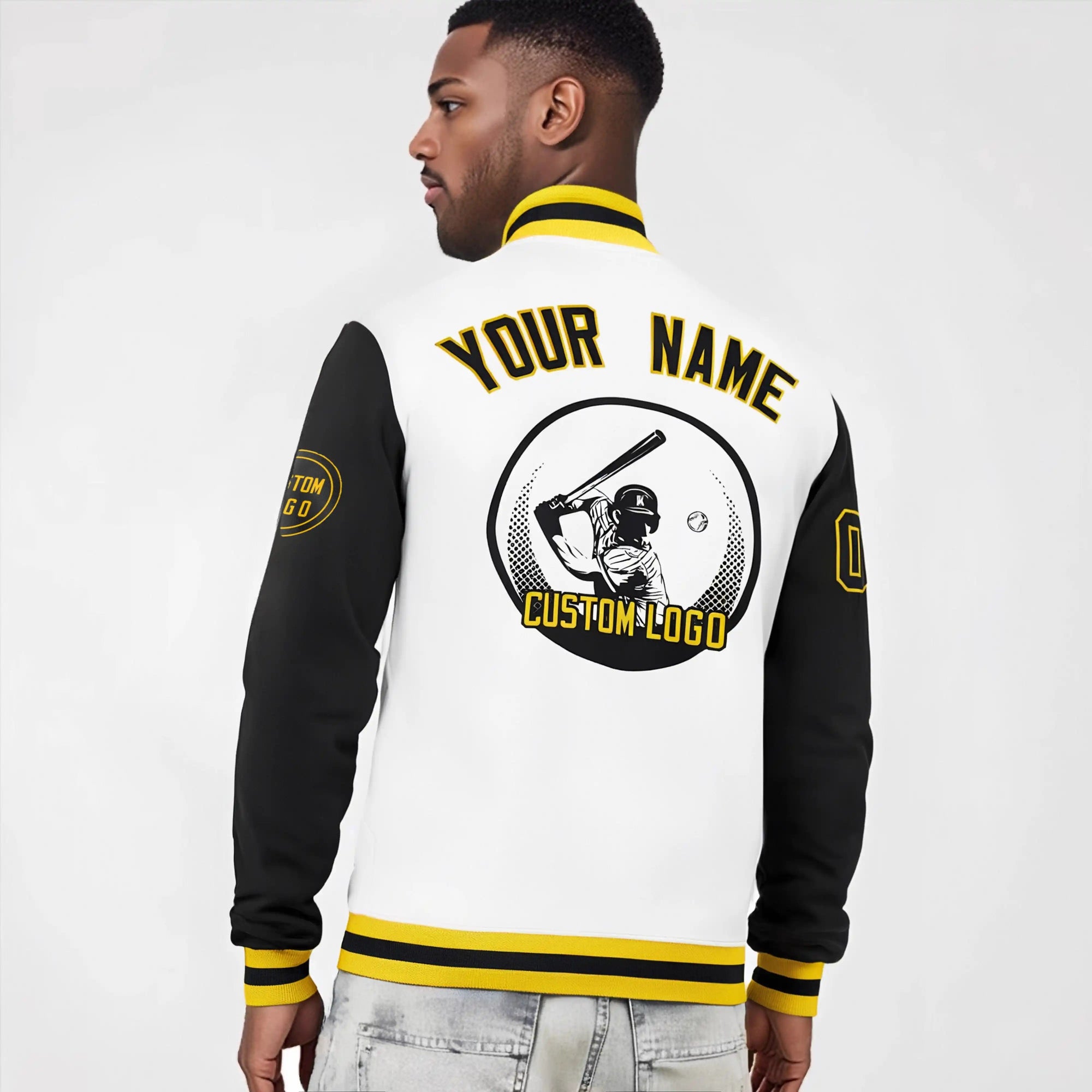 Custom White Black Bomber Full-Snap Varsity Letterman Two Tone Jacket