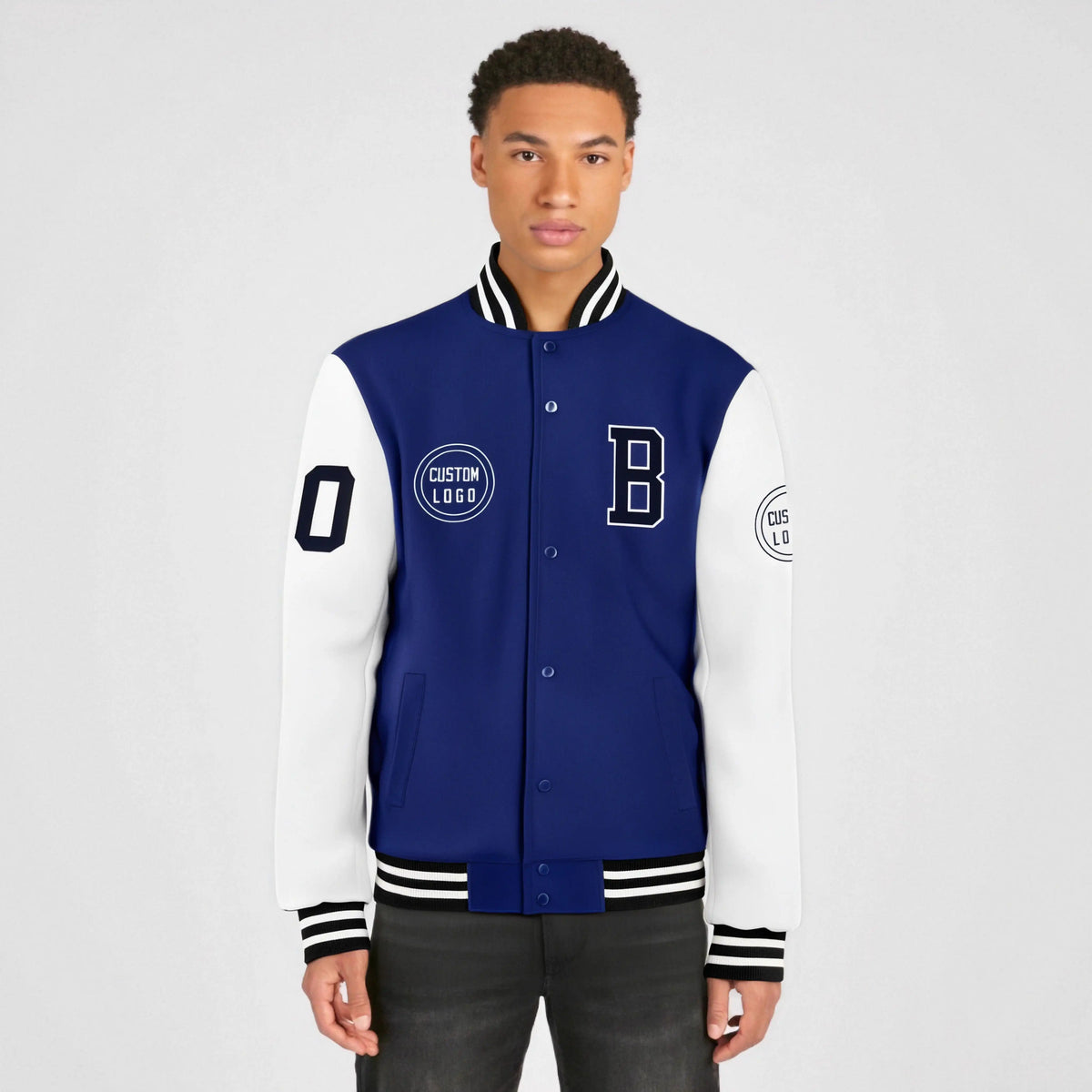 Custom Royal Blue White Bomber Full-Snap Varsity Letterman Two Tone Jacket