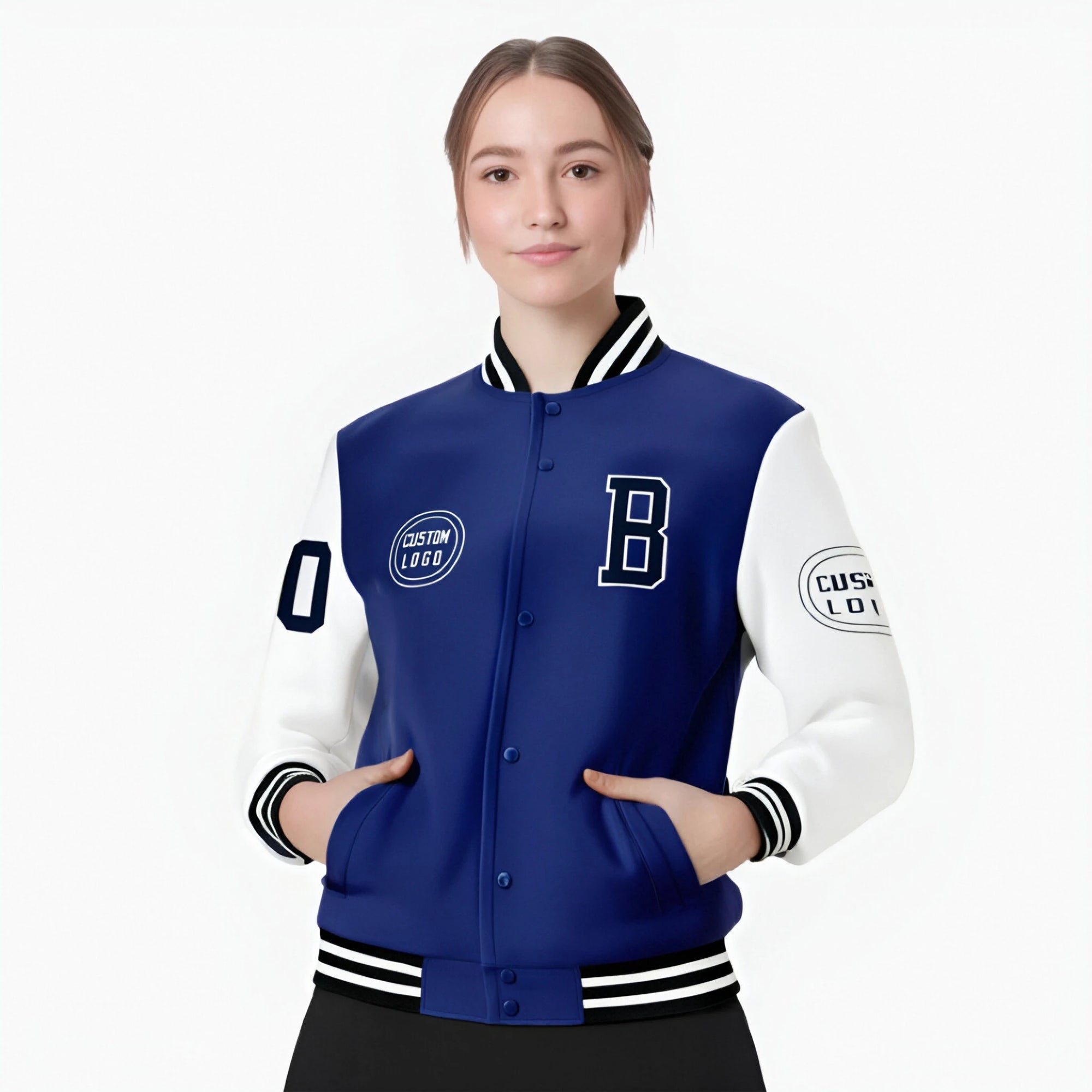 Custom Royal Blue White Bomber Full-Snap Varsity Letterman Two Tone Jacket