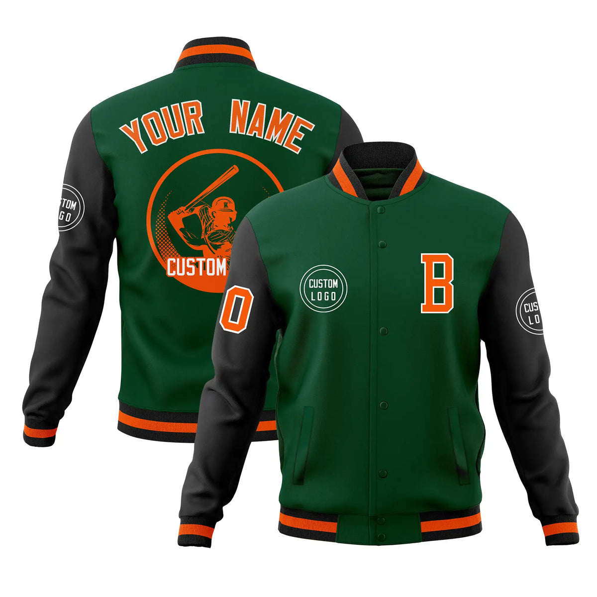 Custom Green Black Bomber Full-Snap Varsity Letterman Two Tone Jacket