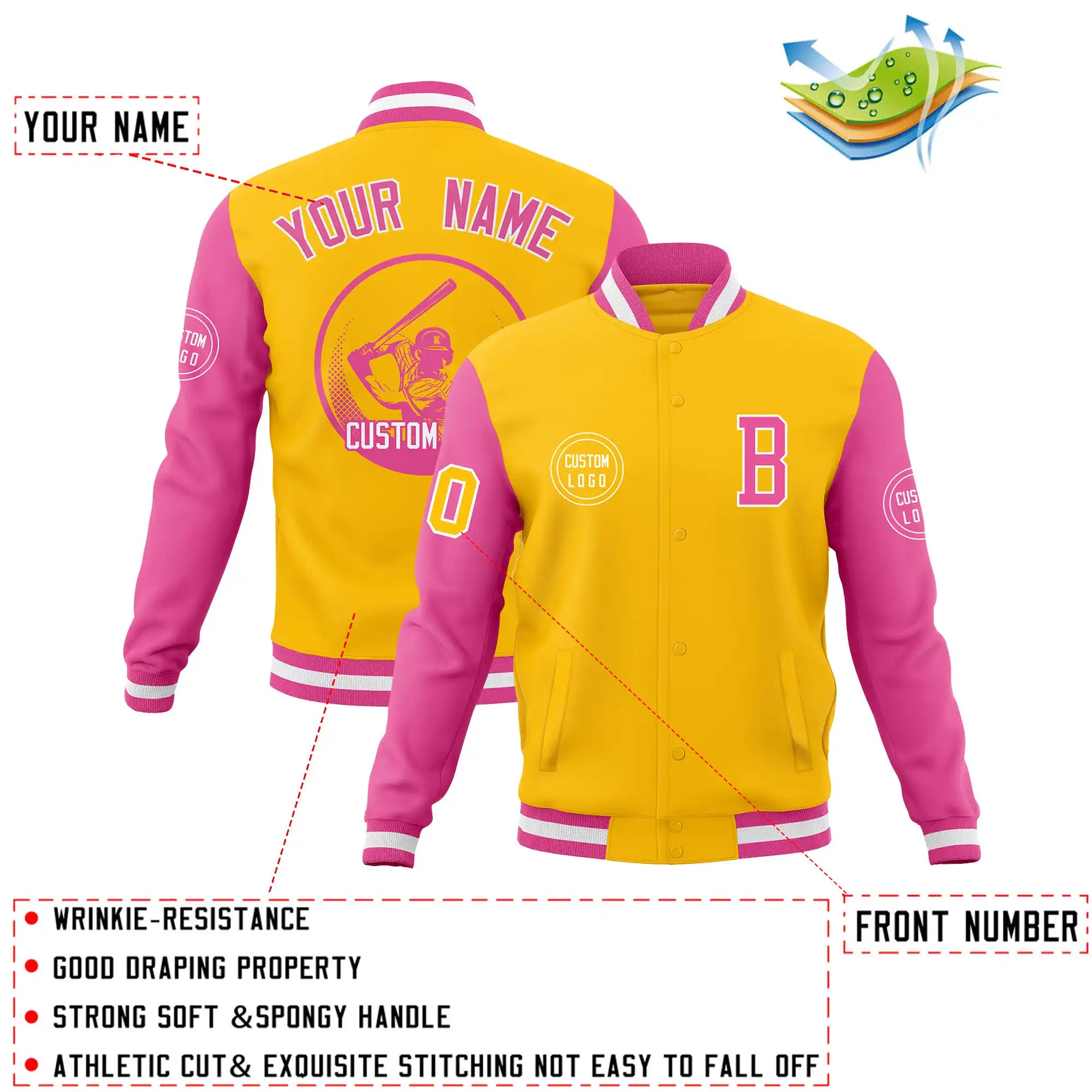 Custom Gold-1 Pink Bomber Full-Snap Varsity Letterman Two Tone Jacket