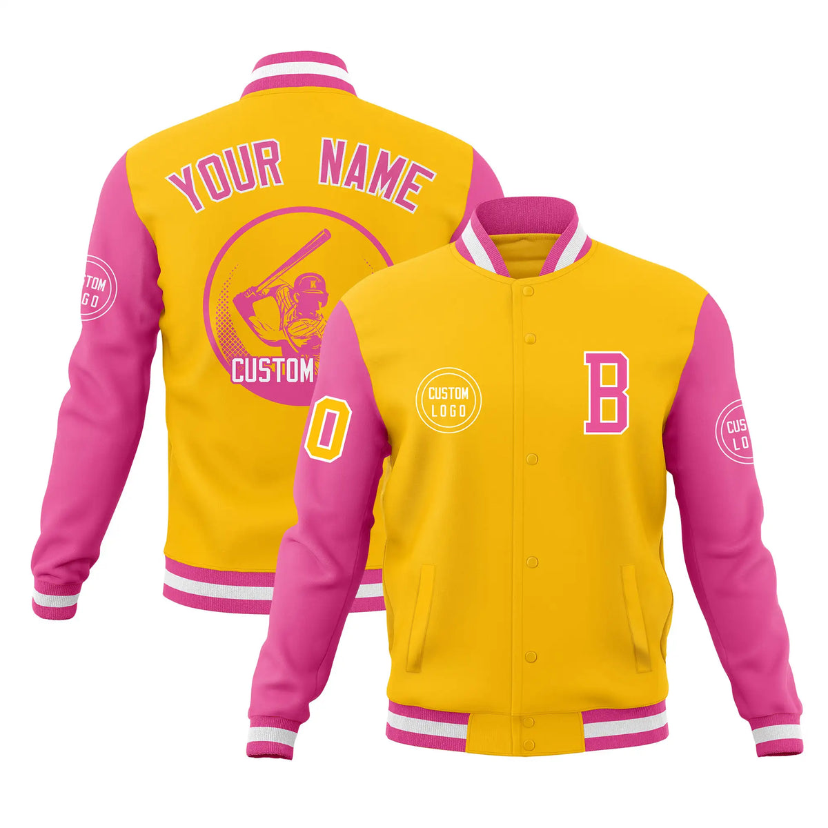 Custom Gold-1 Pink Bomber Full-Snap Varsity Letterman Two Tone Jacket