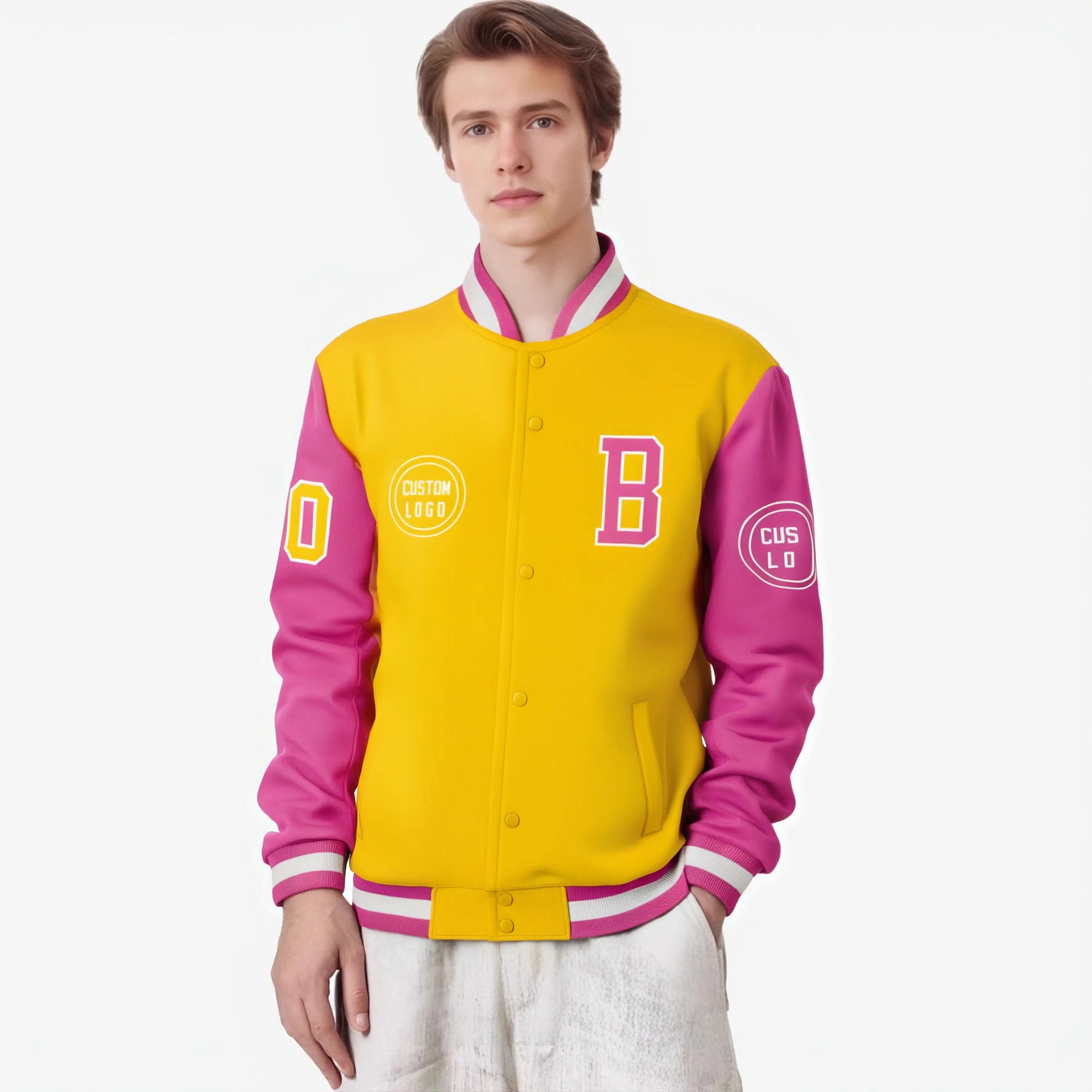 Custom Gold-1 Pink Bomber Full-Snap Varsity Letterman Two Tone Jacket