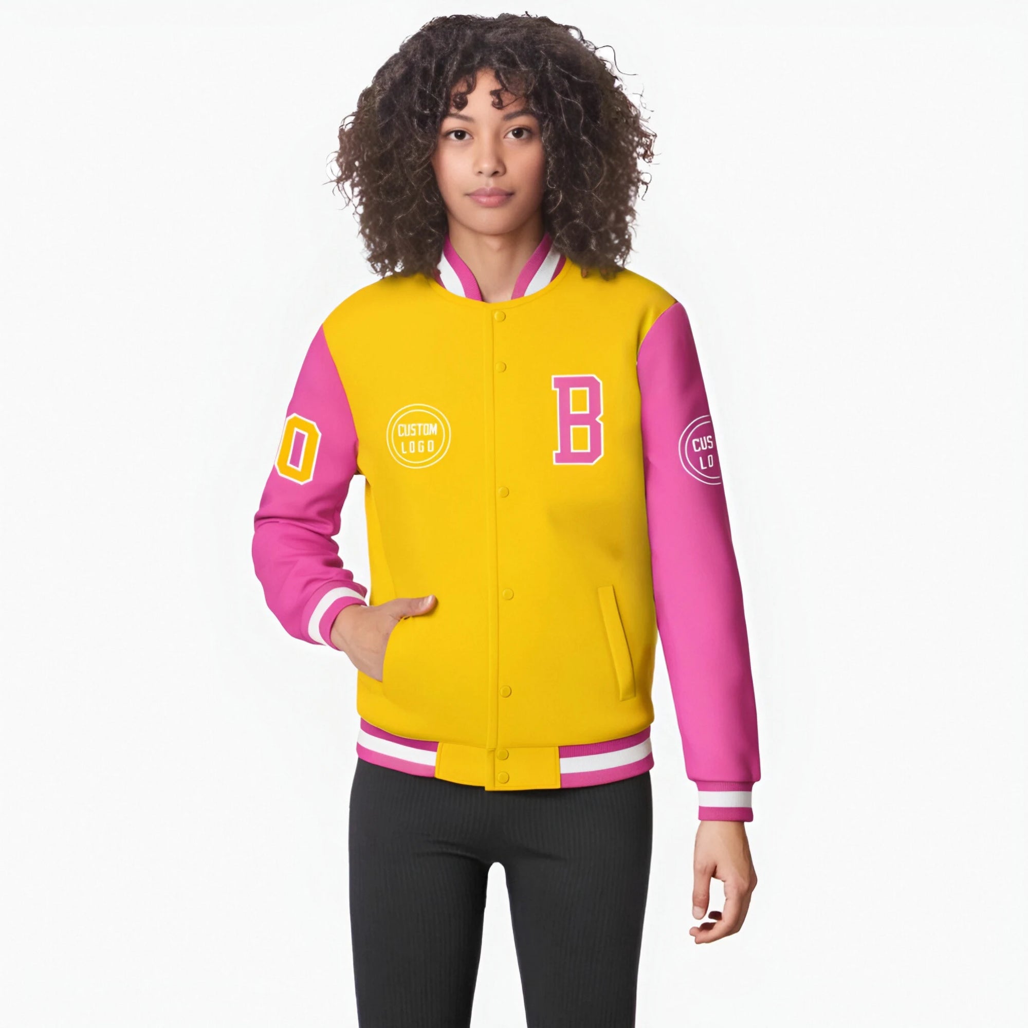 Custom Gold-1 Pink Bomber Full-Snap Varsity Letterman Two Tone Jacket