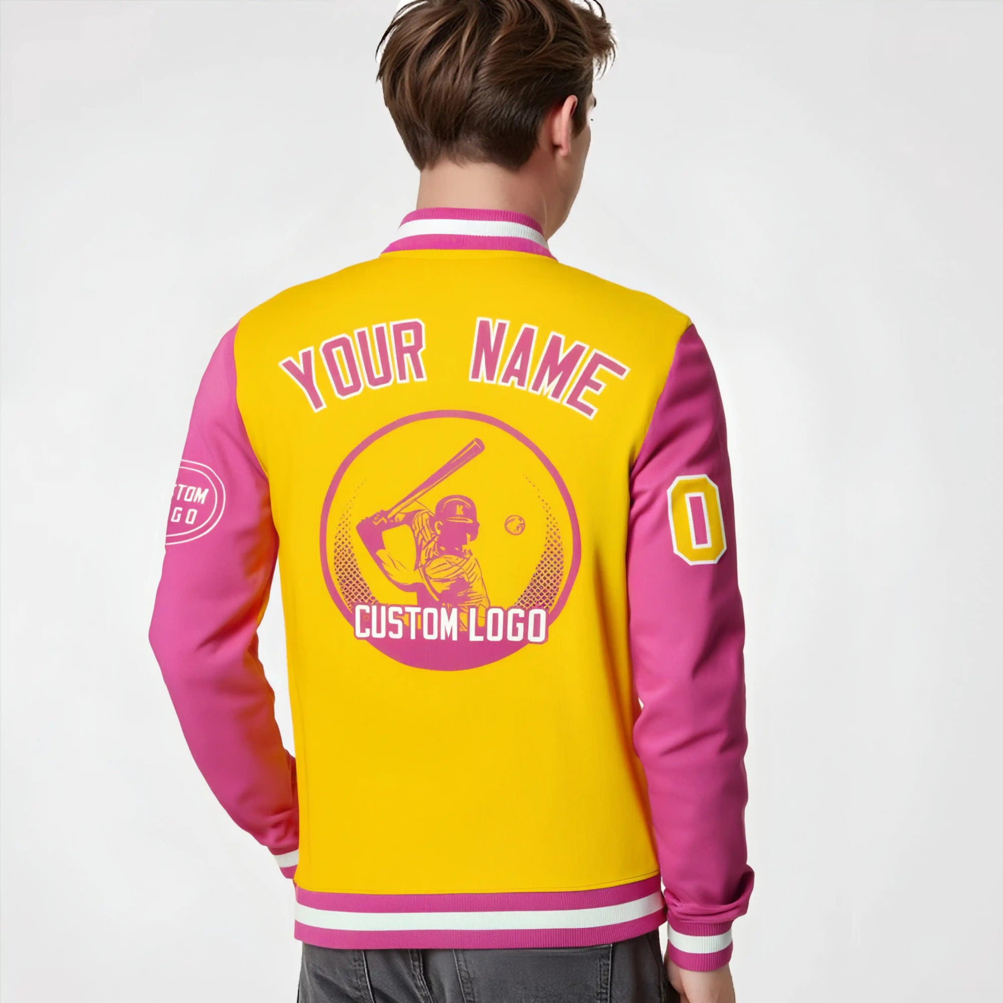 Custom Gold-1 Pink Bomber Full-Snap Varsity Letterman Two Tone Jacket