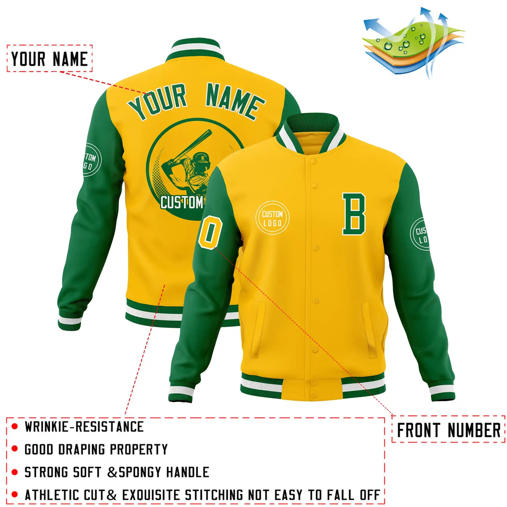 Custom Gold-1 Kelly Green Bomber Full-Snap Varsity Letterman Two Tone Jacket