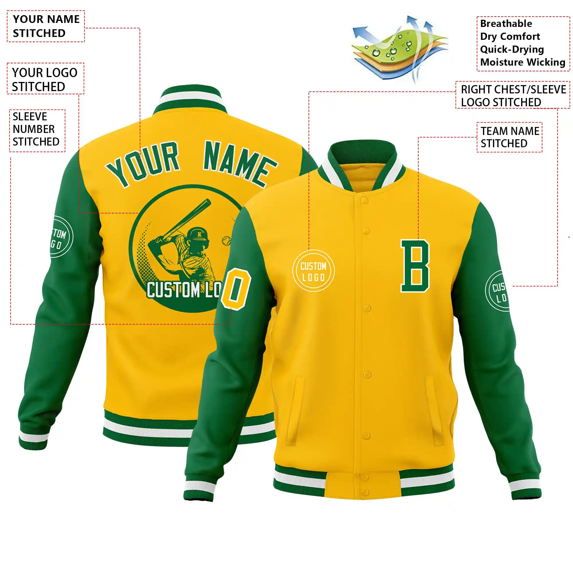 Custom Gold-1 Kelly Green Bomber Full-Snap Varsity Letterman Two Tone Jacket