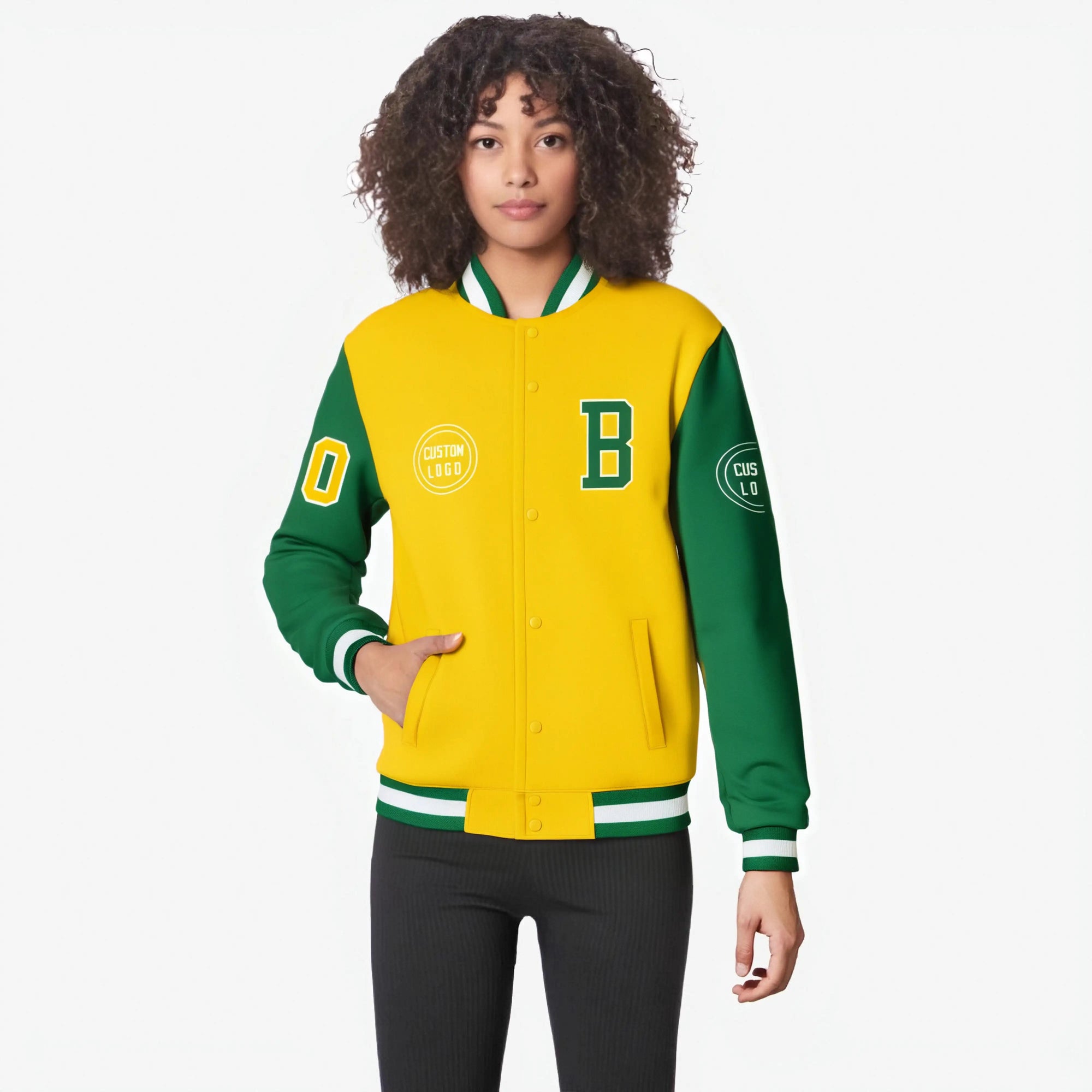 Custom Gold-1 Kelly Green Bomber Full-Snap Varsity Letterman Two Tone Jacket