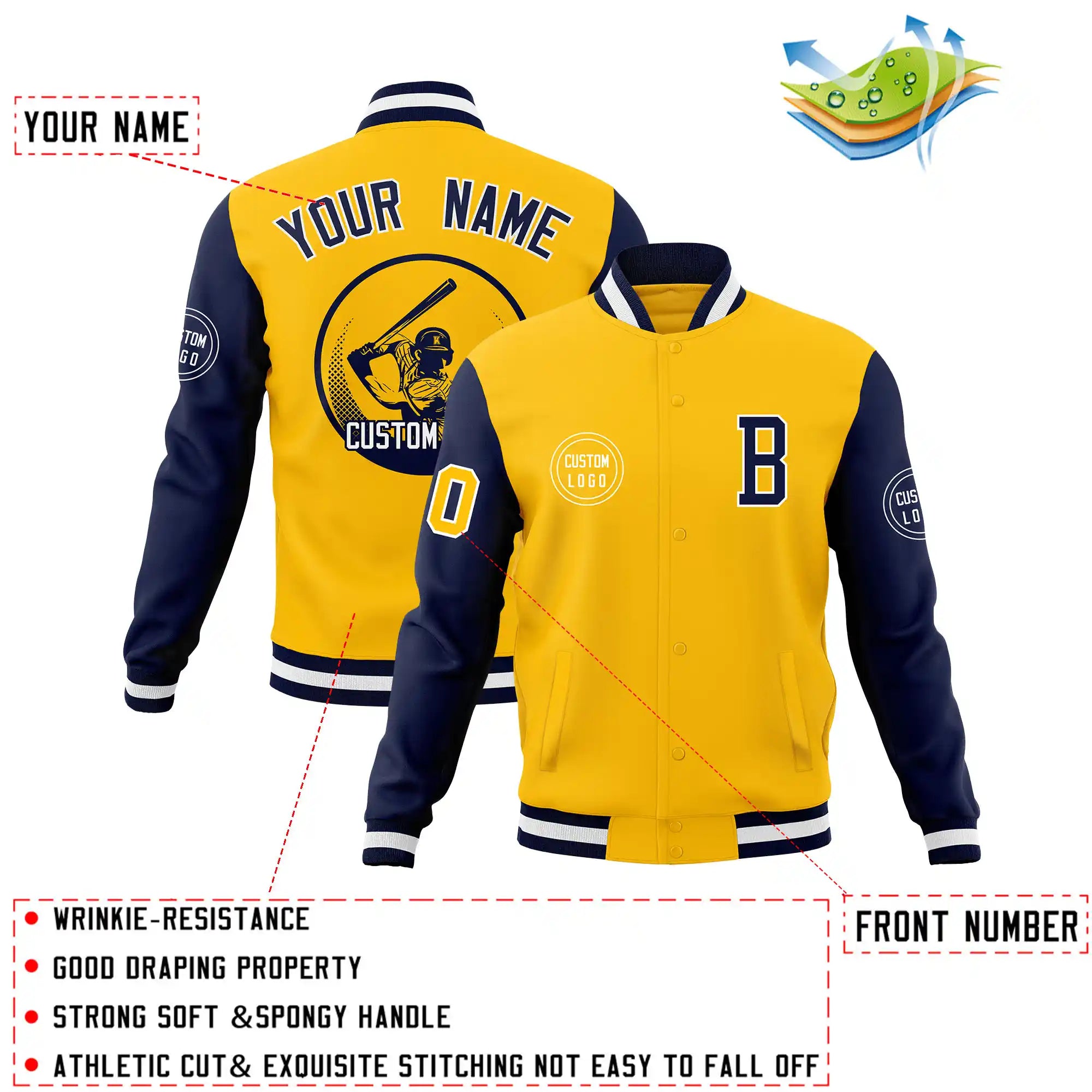 Custom Gold-1 Navy Bomber Full-Snap Varsity Letterman Two Tone Jacket