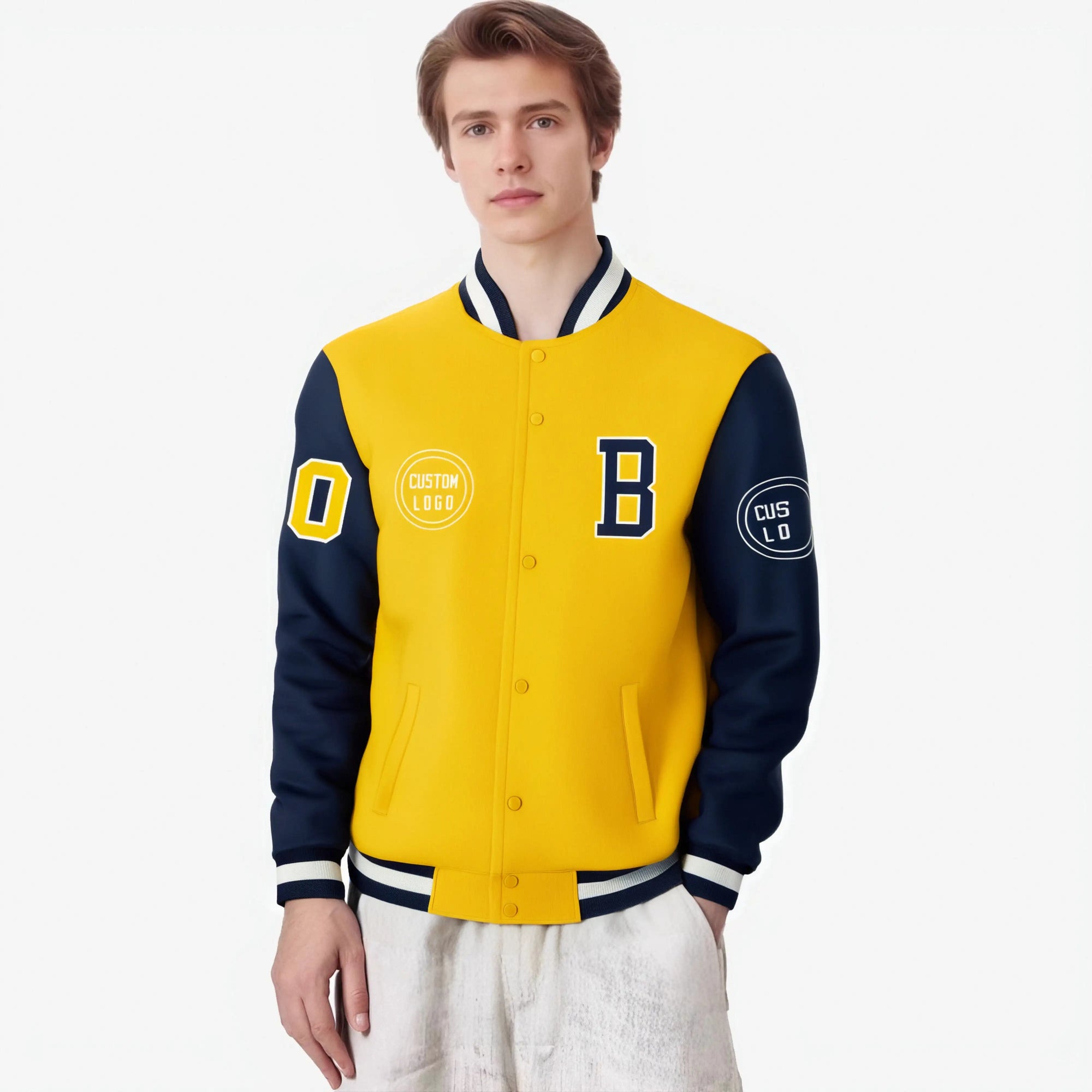 Custom Gold-1 Navy Bomber Full-Snap Varsity Letterman Two Tone Jacket