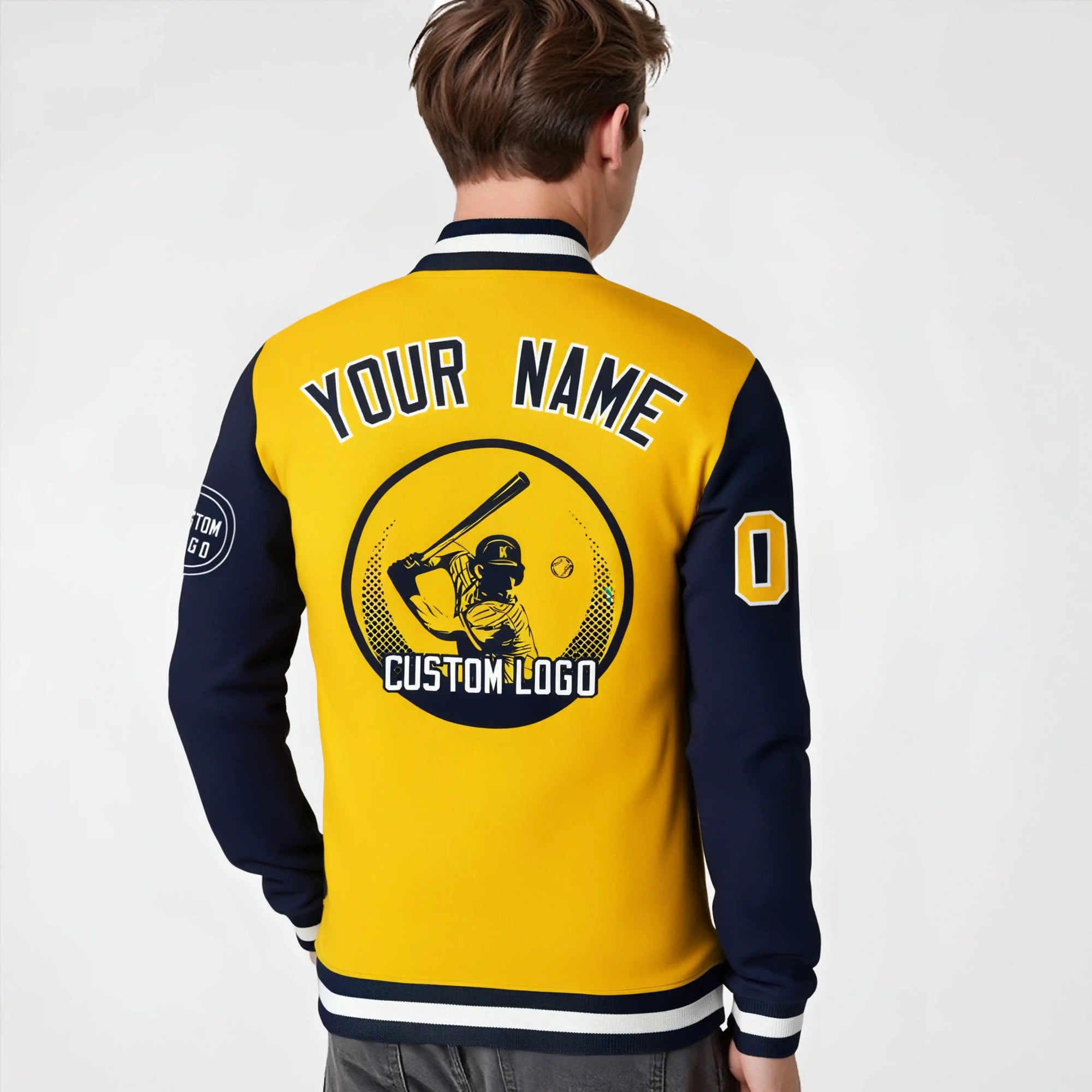 Custom Gold-1 Navy Bomber Full-Snap Varsity Letterman Two Tone Jacket