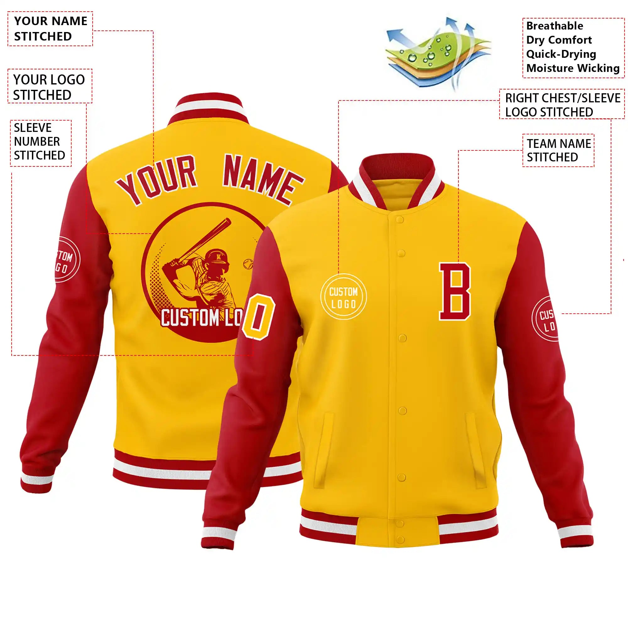 Custom Gold-1 Red Bomber Full-Snap Varsity Letterman Two Tone Jacket