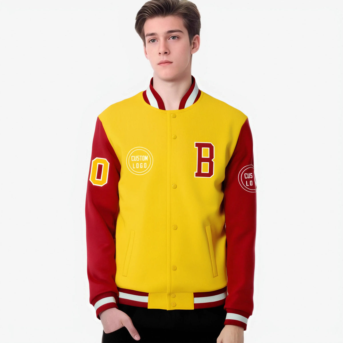 Custom Gold-1 Red Bomber Full-Snap Varsity Letterman Two Tone Jacket