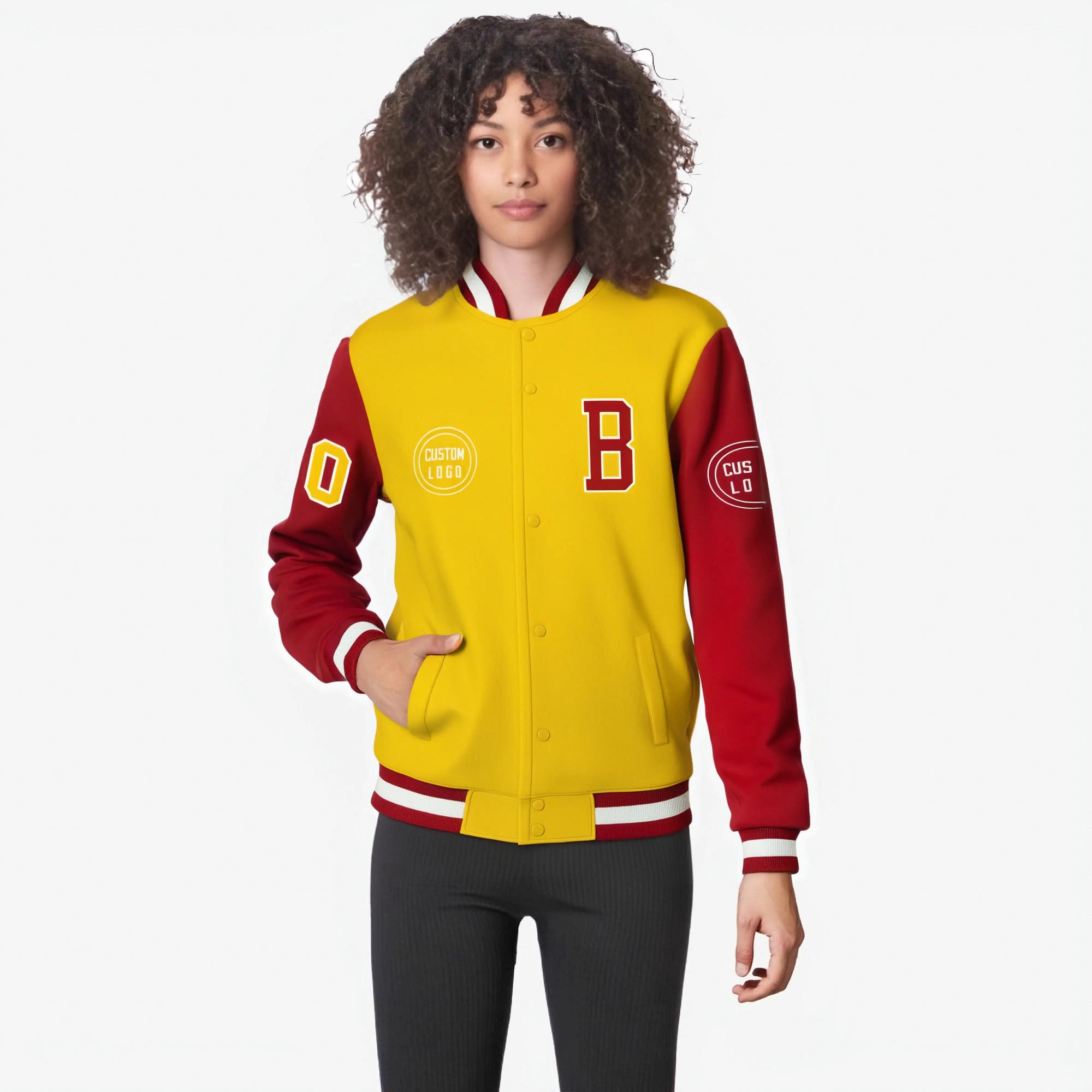 Custom Gold-1 Red Bomber Full-Snap Varsity Letterman Two Tone Jacket