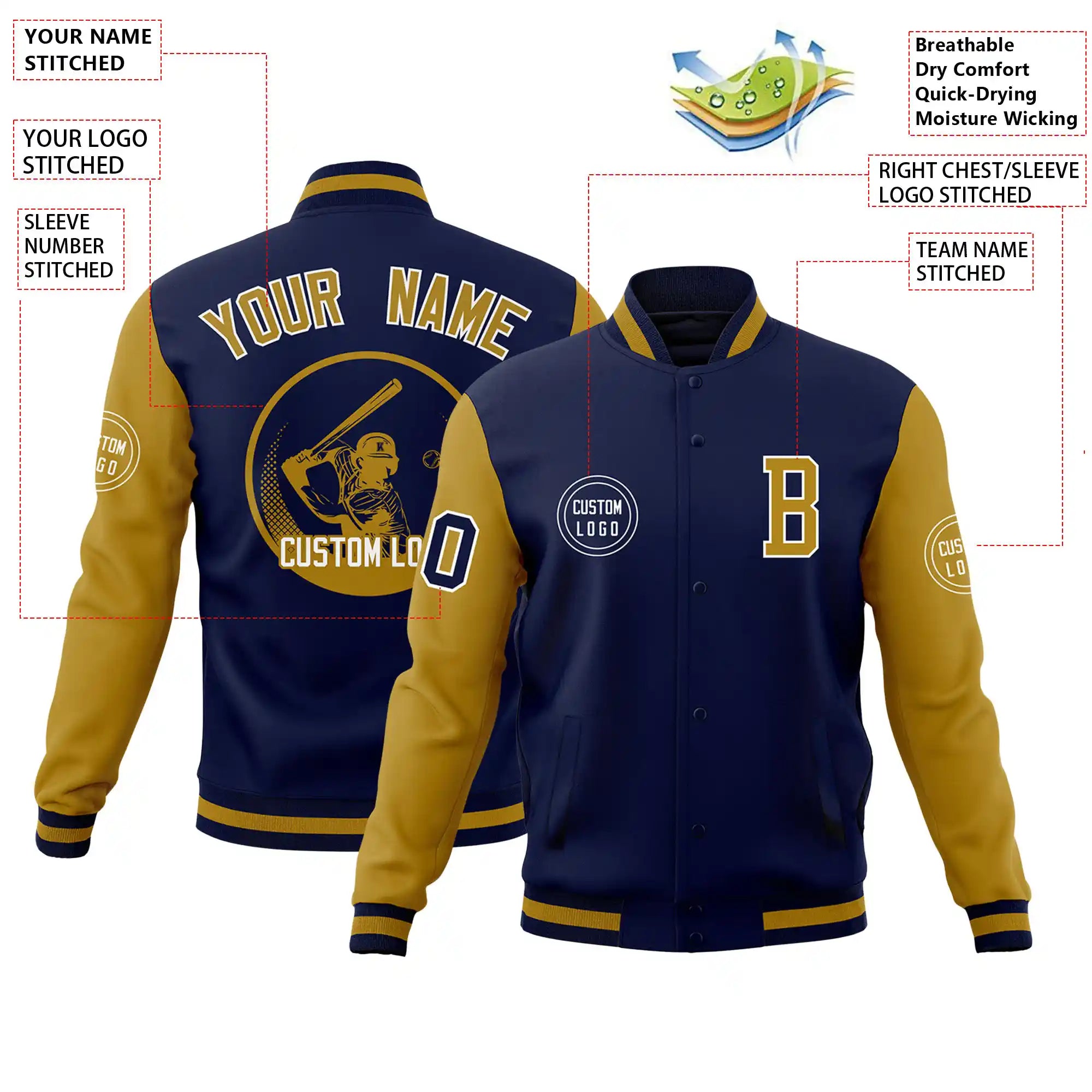 Custom Navy Old-Gold Bomber Full-Snap Varsity Letterman Two Tone Jacket