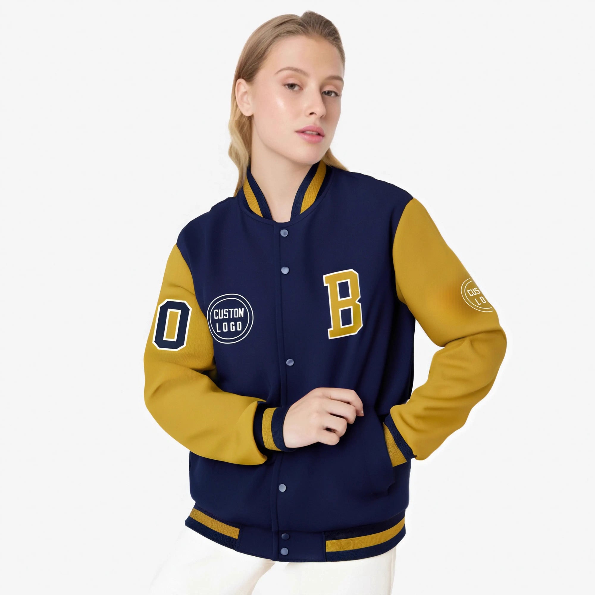 Custom Navy Old-Gold Bomber Full-Snap Varsity Letterman Two Tone Jacket