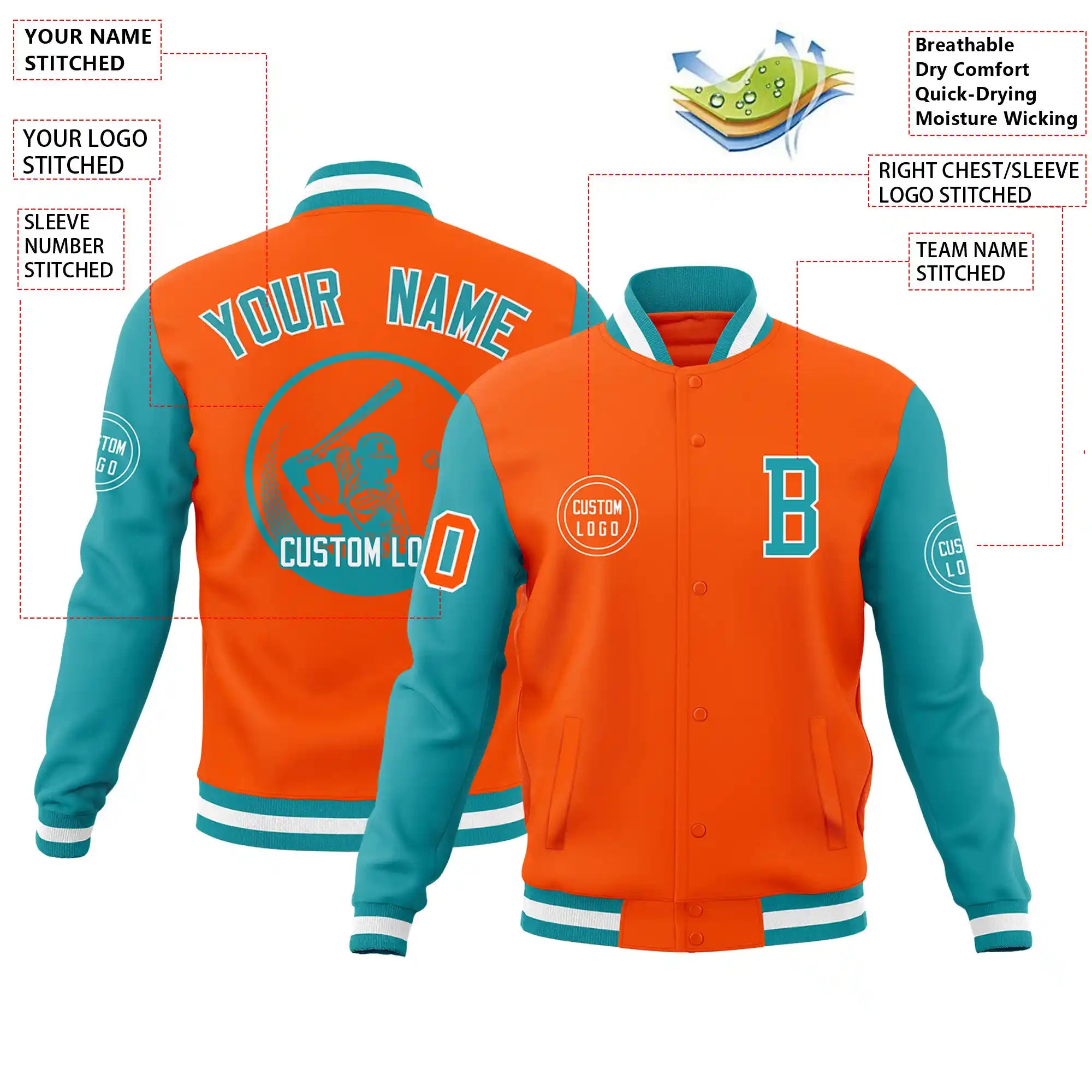 Custom Orange Aqua Bomber Full-Snap Varsity Letterman Two Tone Jacket