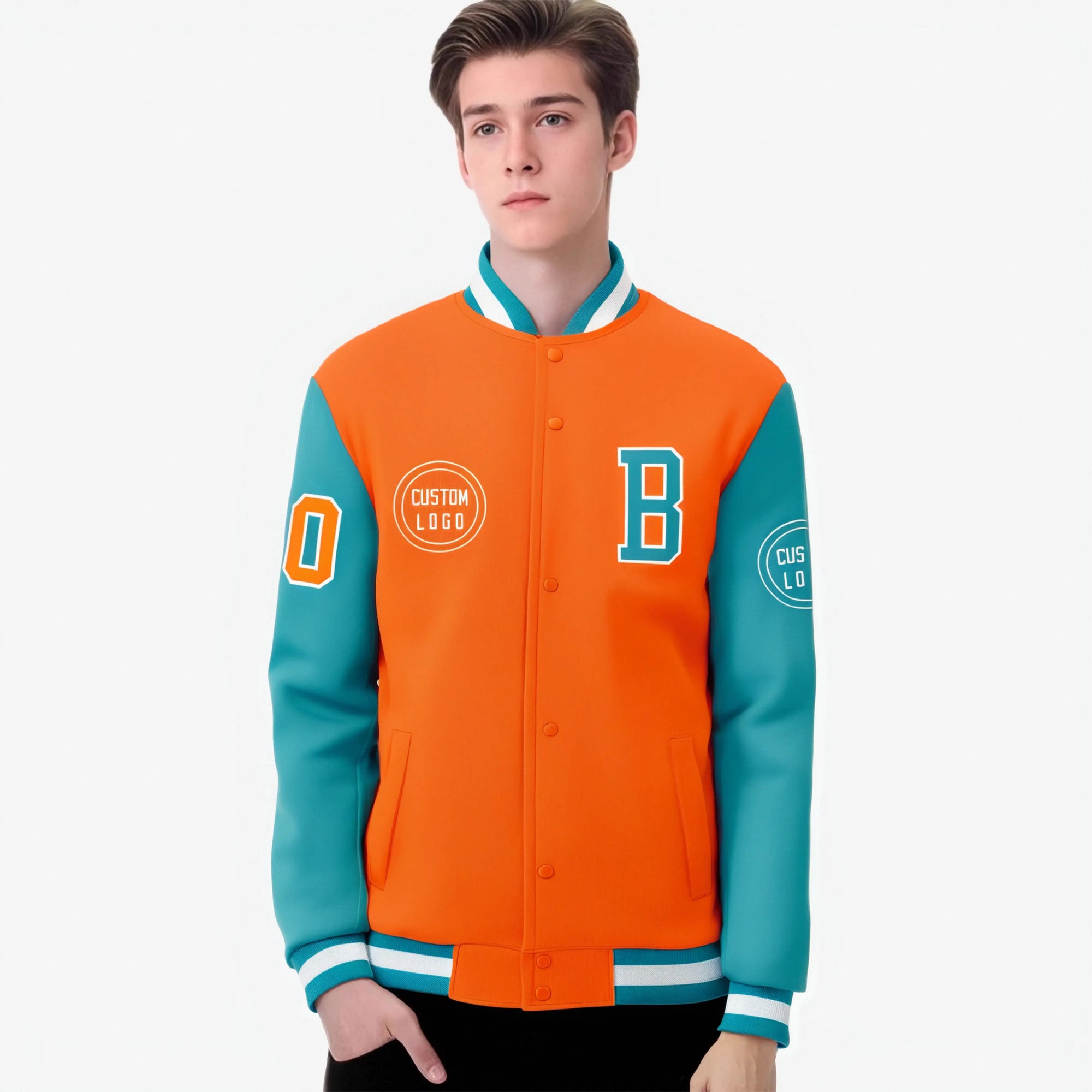 Custom Orange Aqua Bomber Full-Snap Varsity Letterman Two Tone Jacket