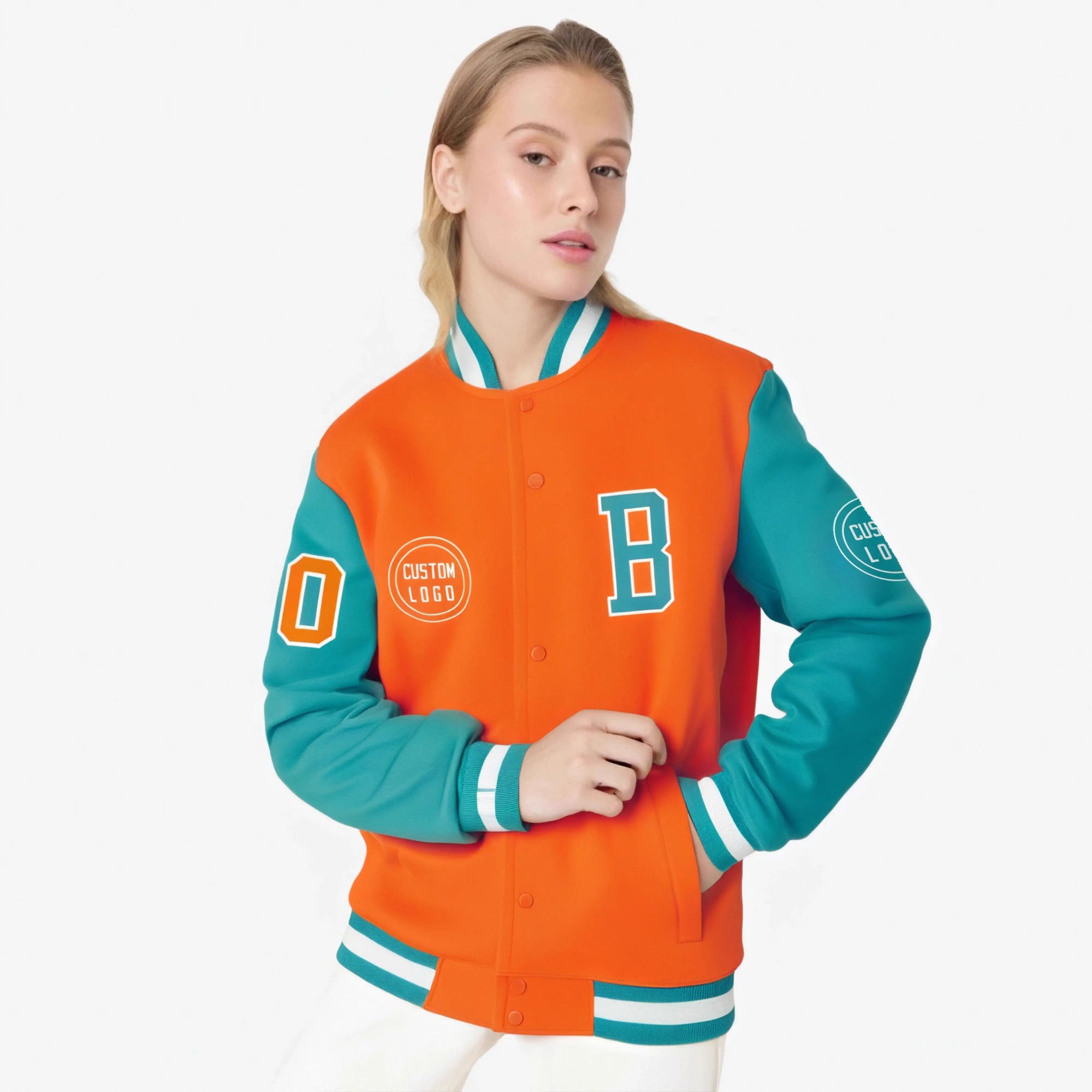 Custom Orange Aqua Bomber Full-Snap Varsity Letterman Two Tone Jacket