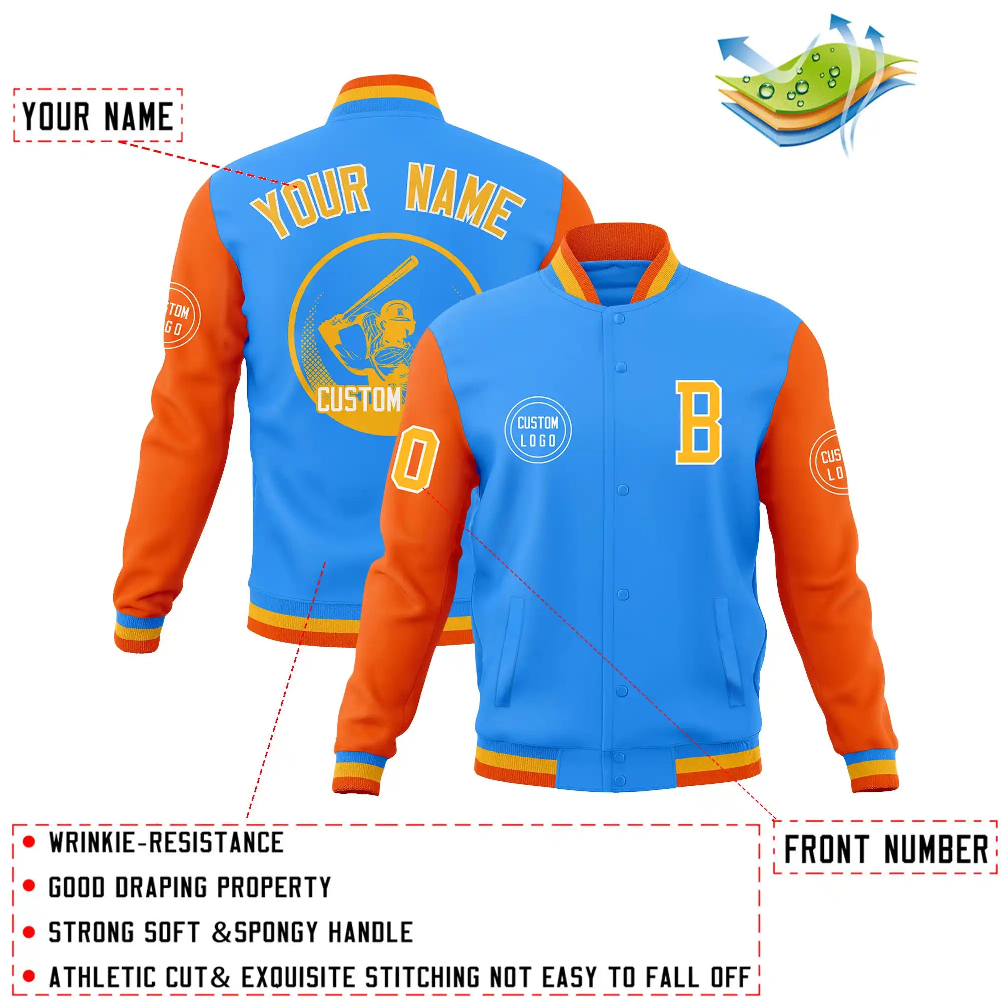 Custom Powder Blue Orange Bomber Full-Snap Varsity Letterman Two Tone Jacket