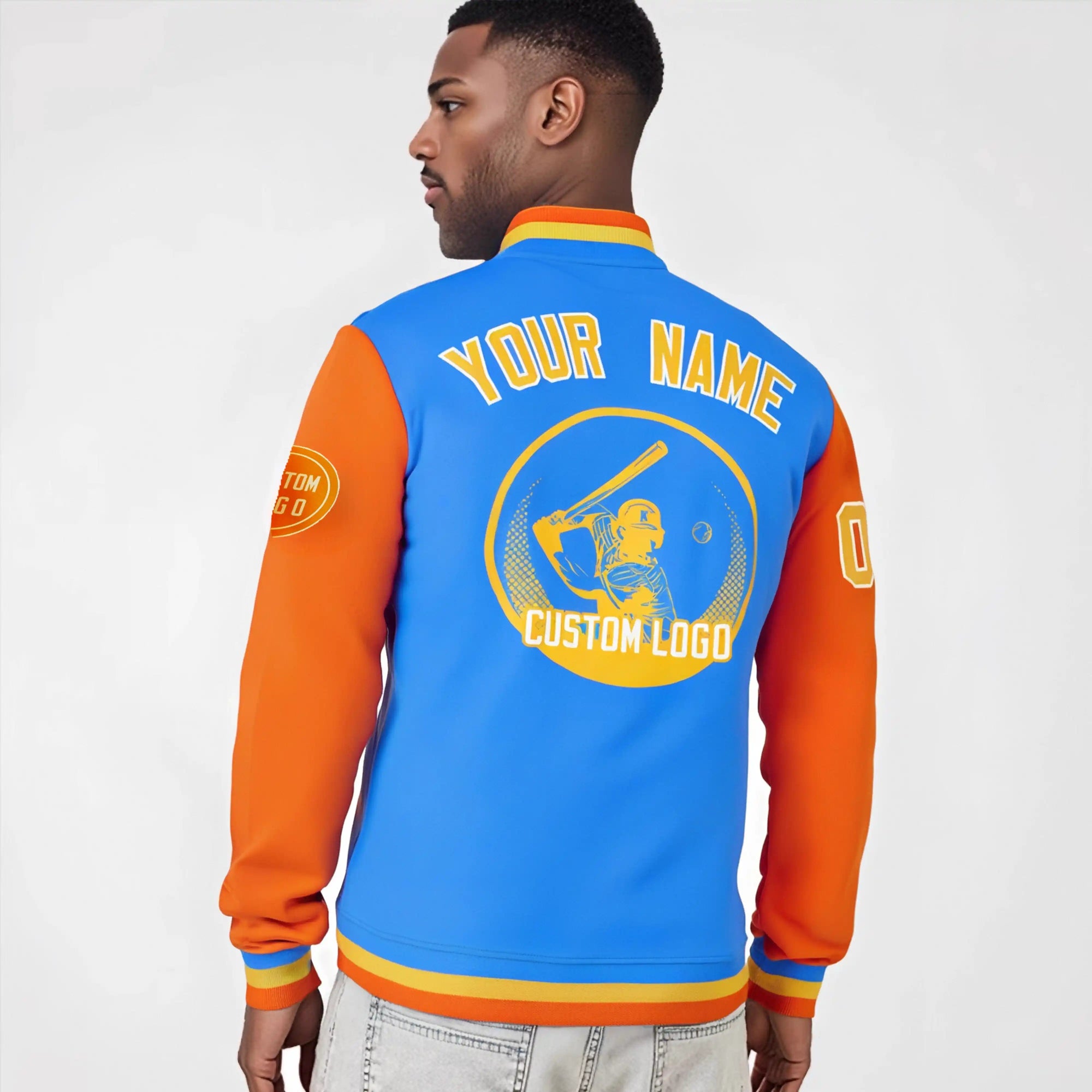 Custom Powder Blue Orange Bomber Full-Snap Varsity Letterman Two Tone Jacket