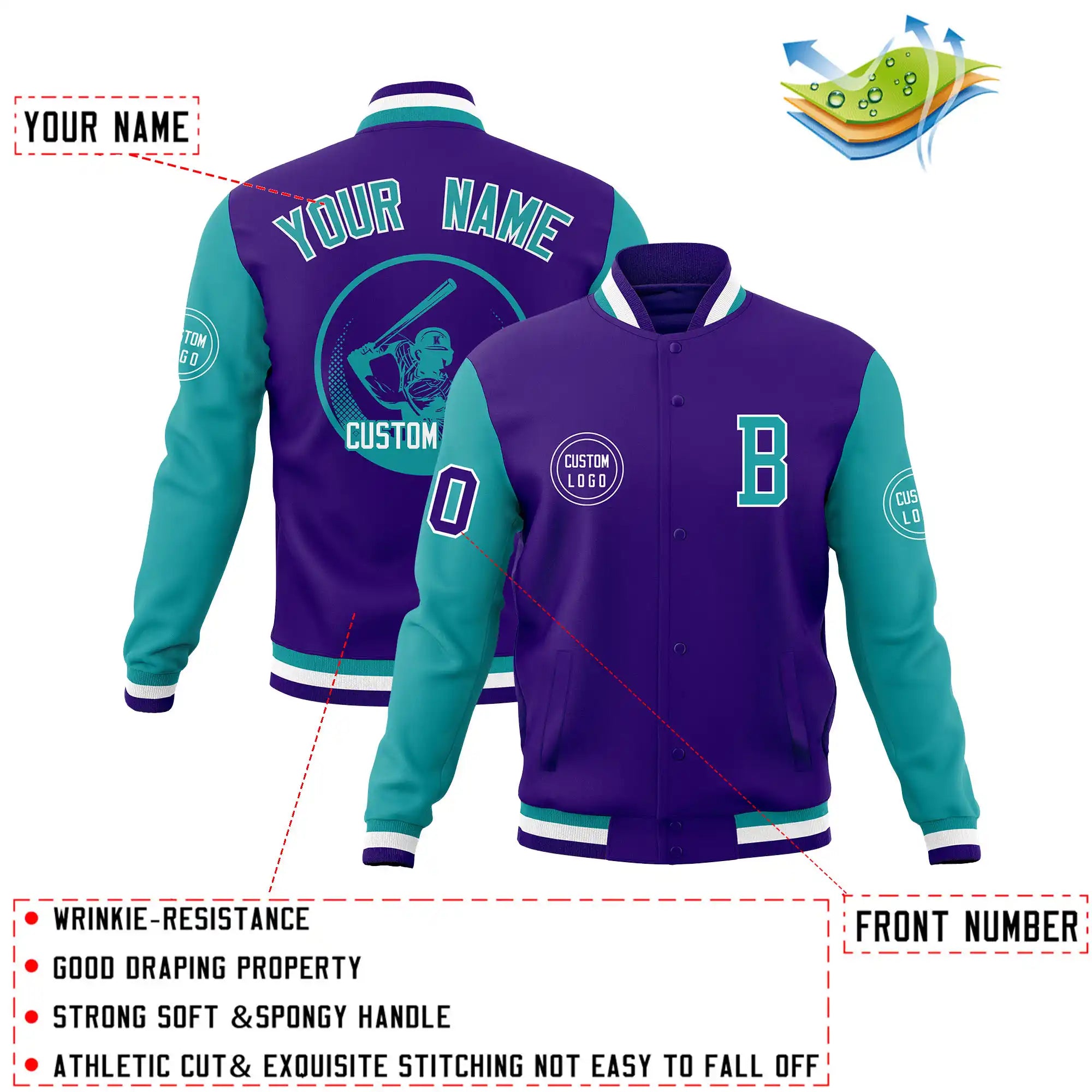 Custom Purple Aqua Bomber Full-Snap Varsity Letterman Two Tone Jacket