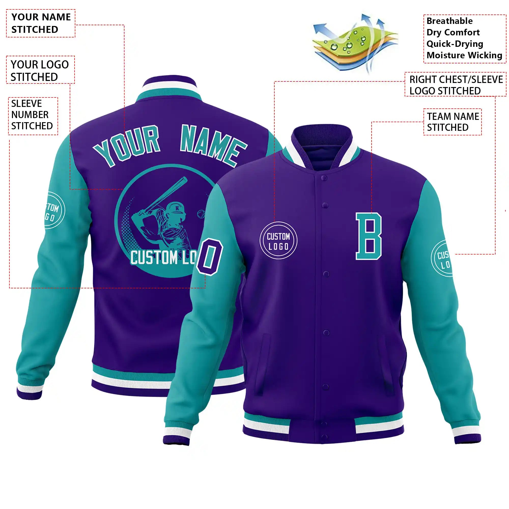 Custom Purple Aqua Bomber Full-Snap Varsity Letterman Two Tone Jacket