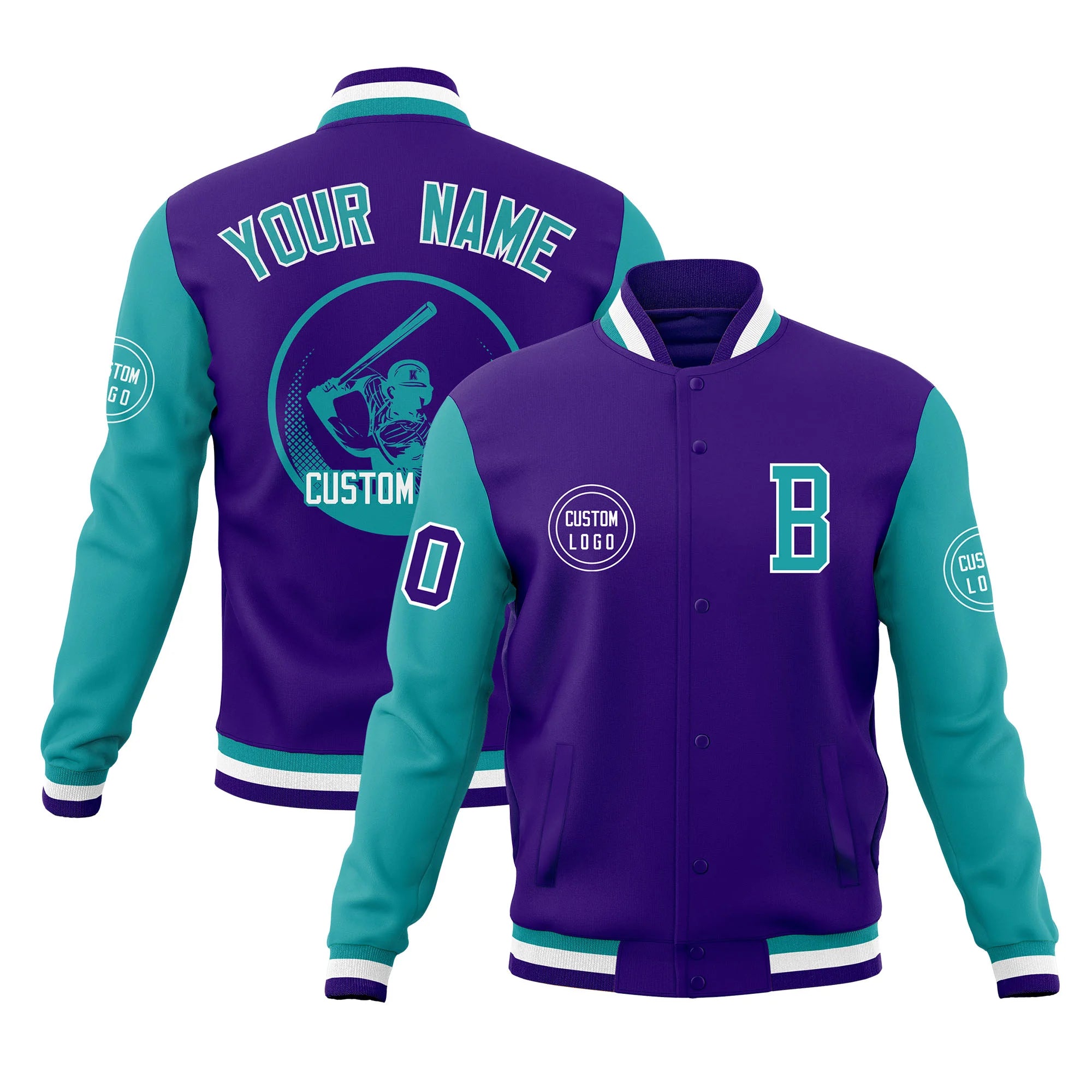 Custom Purple Aqua Bomber Full-Snap Varsity Letterman Two Tone Jacket