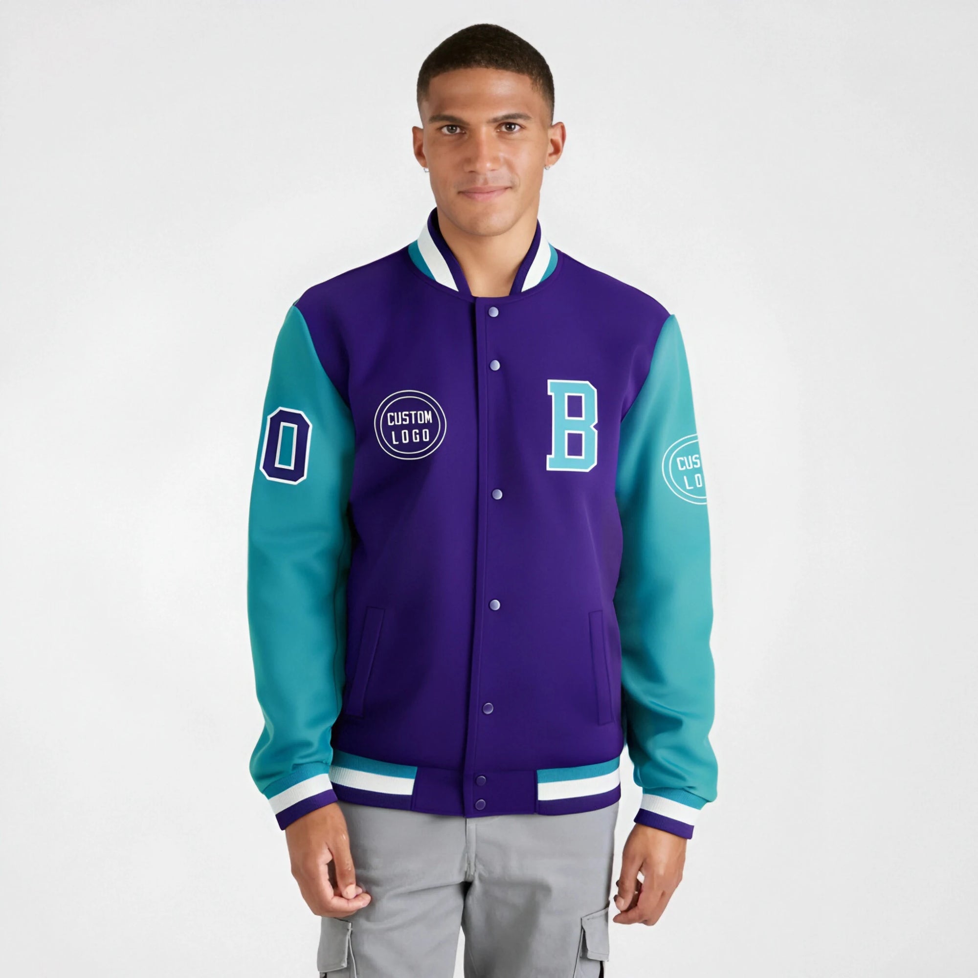 Custom Purple Aqua Bomber Full-Snap Varsity Letterman Two Tone Jacket