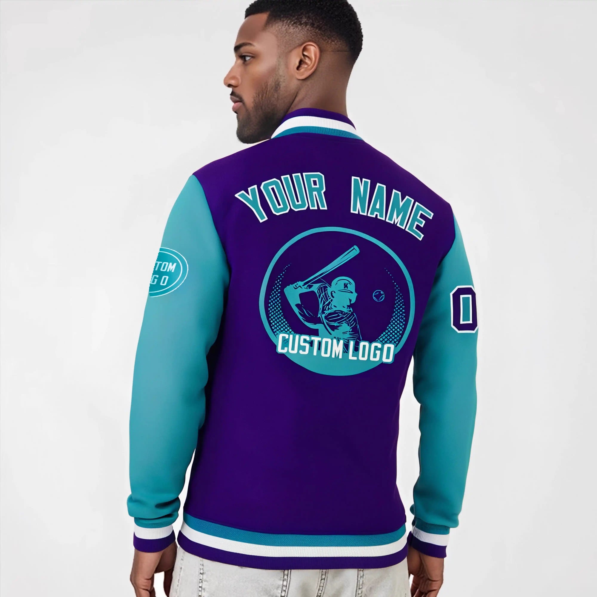 Custom Purple Aqua Bomber Full-Snap Varsity Letterman Two Tone Jacket