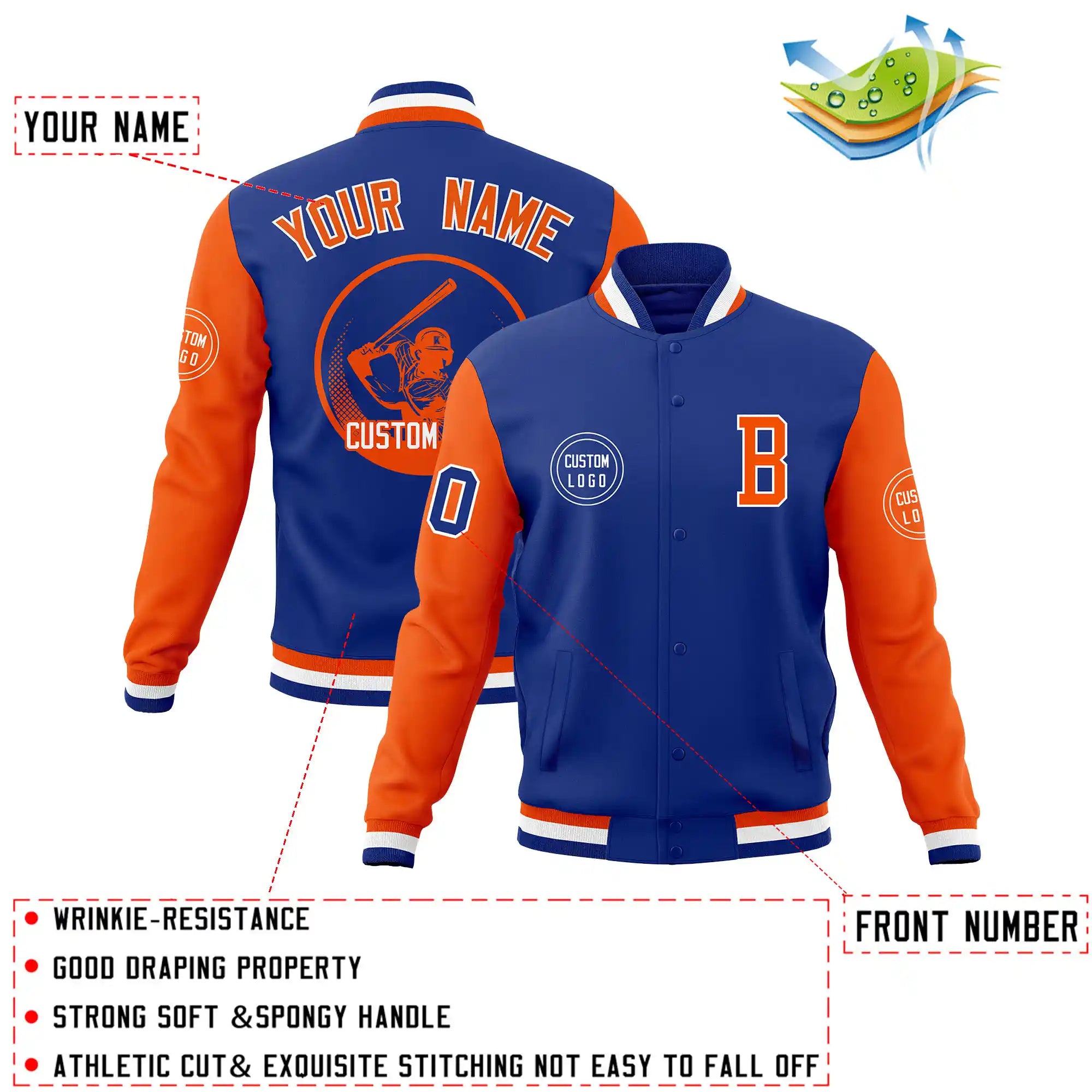 Custom Royal Blue Orange Bomber Full-Snap Varsity Letterman Two Tone Jacket