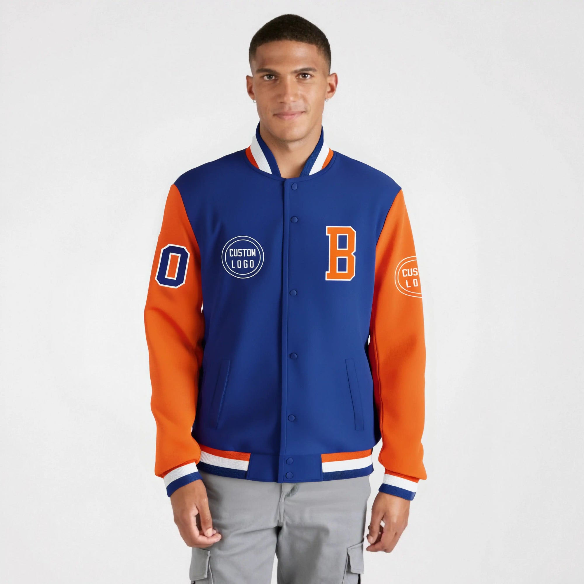 Custom Royal Blue Orange Bomber Full-Snap Varsity Letterman Two Tone Jacket