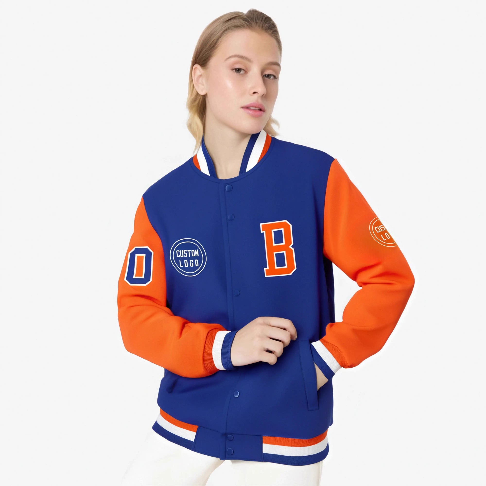 Custom Royal Blue Orange Bomber Full-Snap Varsity Letterman Two Tone Jacket