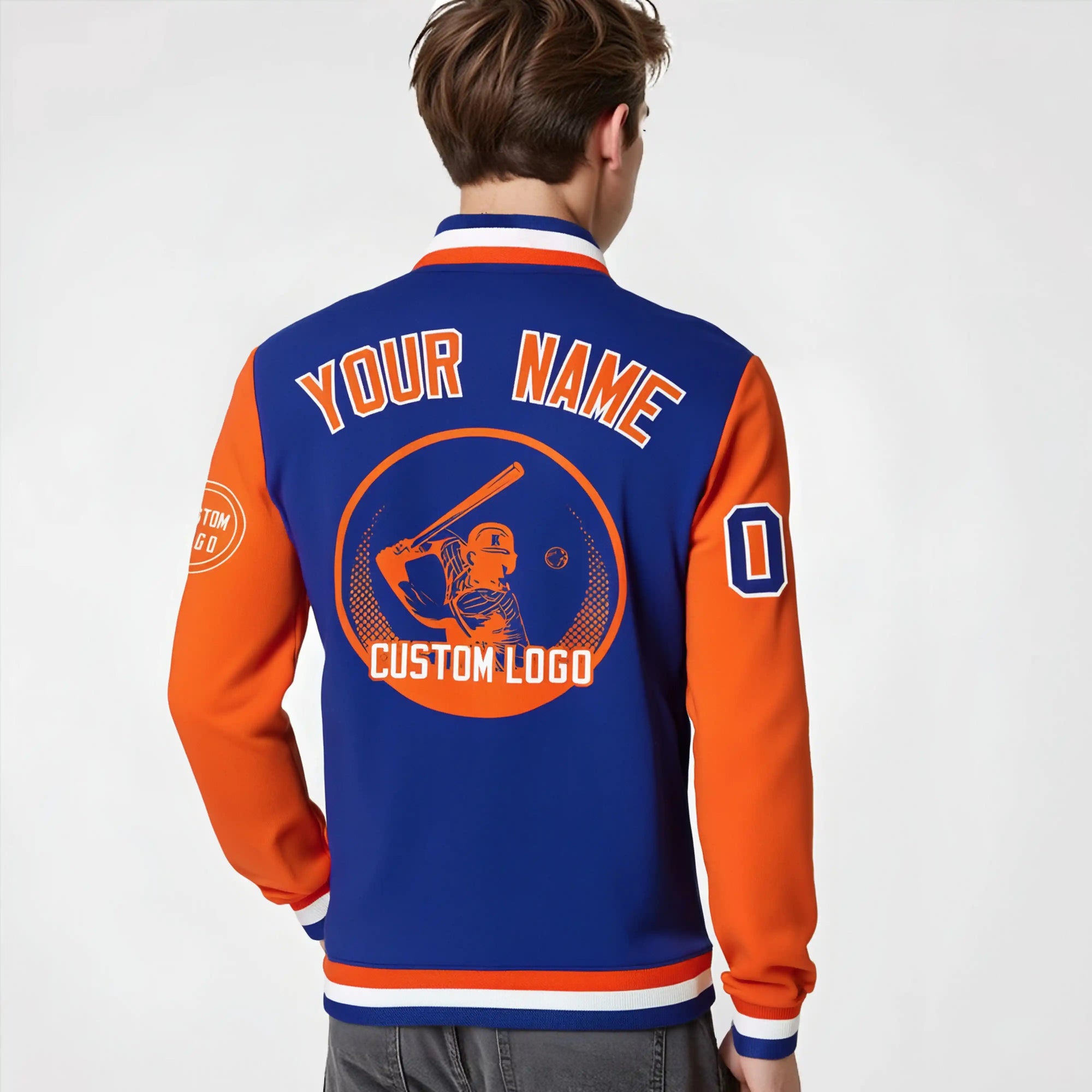 Custom Royal Blue Orange Bomber Full-Snap Varsity Letterman Two Tone Jacket