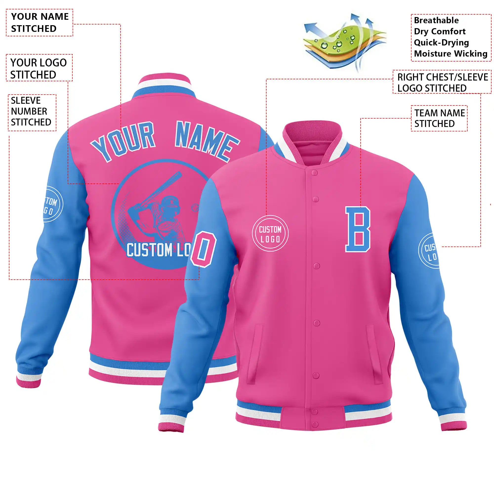 Custom Pink Powder Blue Bomber Full-Snap Varsity Letterman Two Tone Jacket