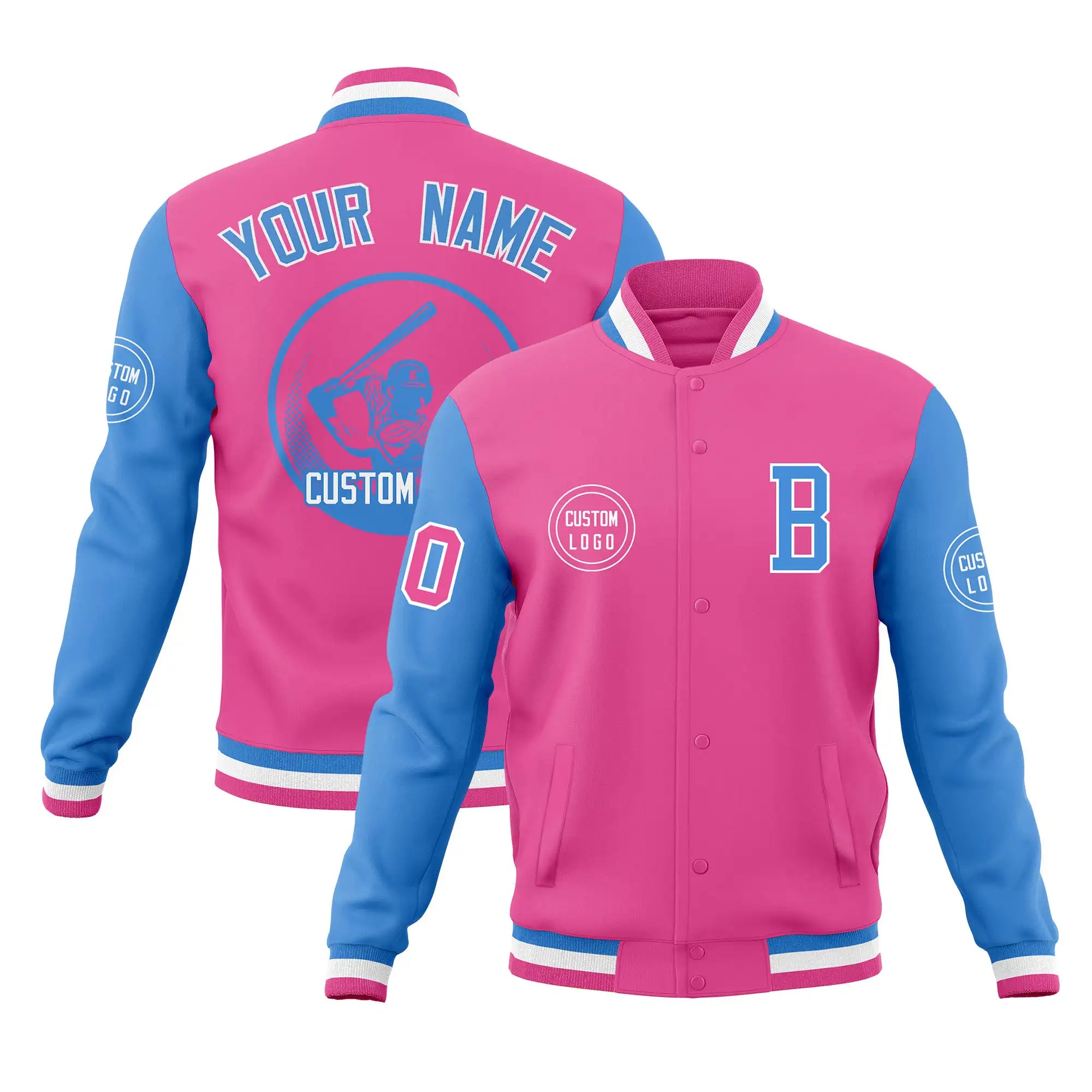 Custom Pink Powder Blue Bomber Full-Snap Varsity Letterman Two Tone Jacket