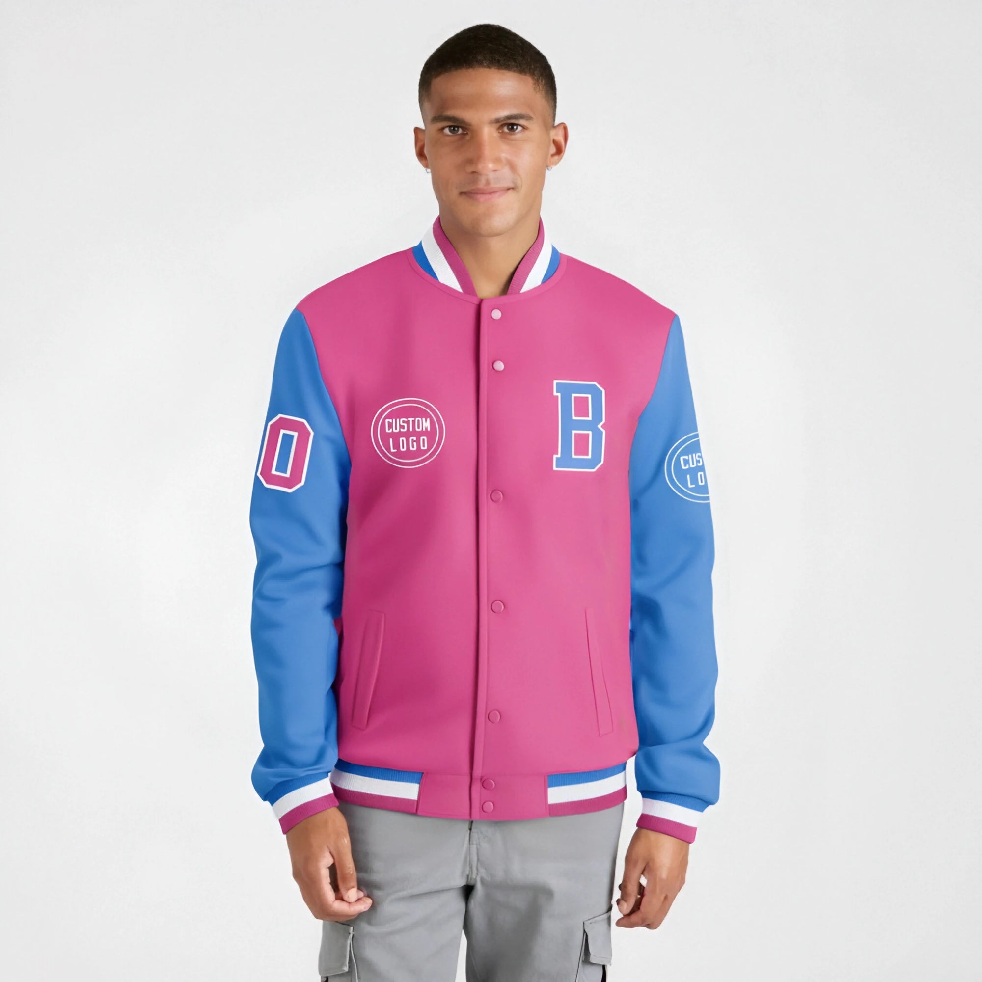 Custom Pink Powder Blue Bomber Full-Snap Varsity Letterman Two Tone Jacket